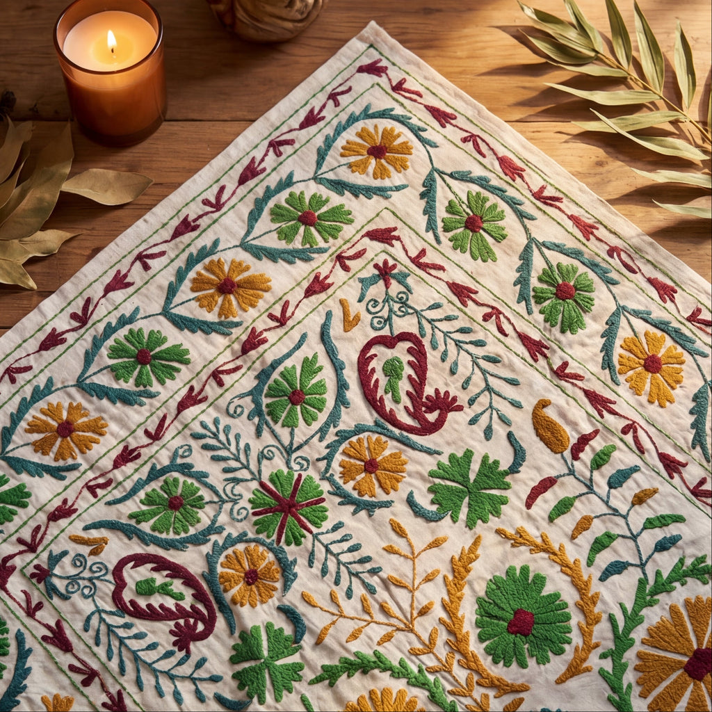 Wandering Indigo Hand-Embroidered Cotton Suzani Throw