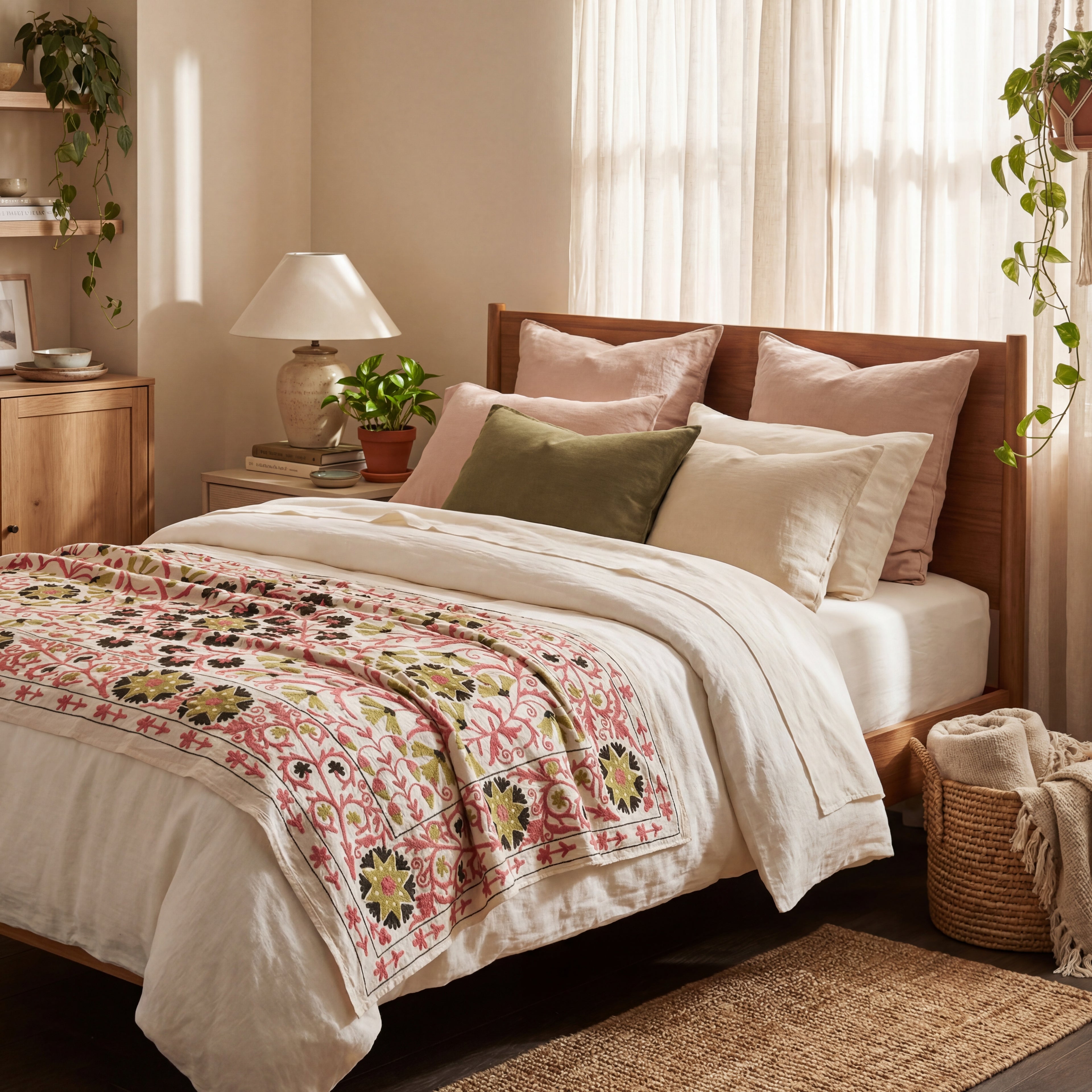 Wandering Lace Hand-Embroidered Cotton Suzani Throw