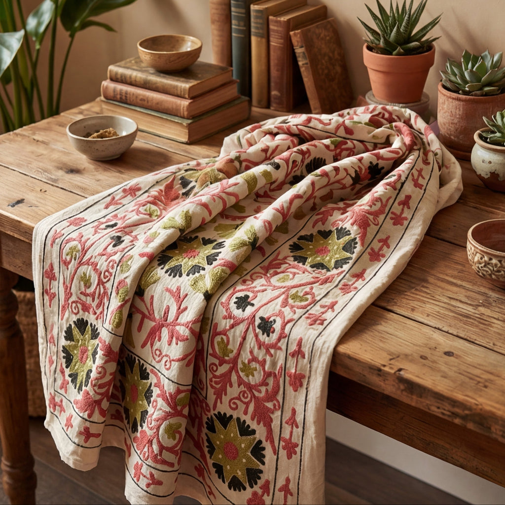 Wandering Lace Hand-Embroidered Cotton Suzani Throw