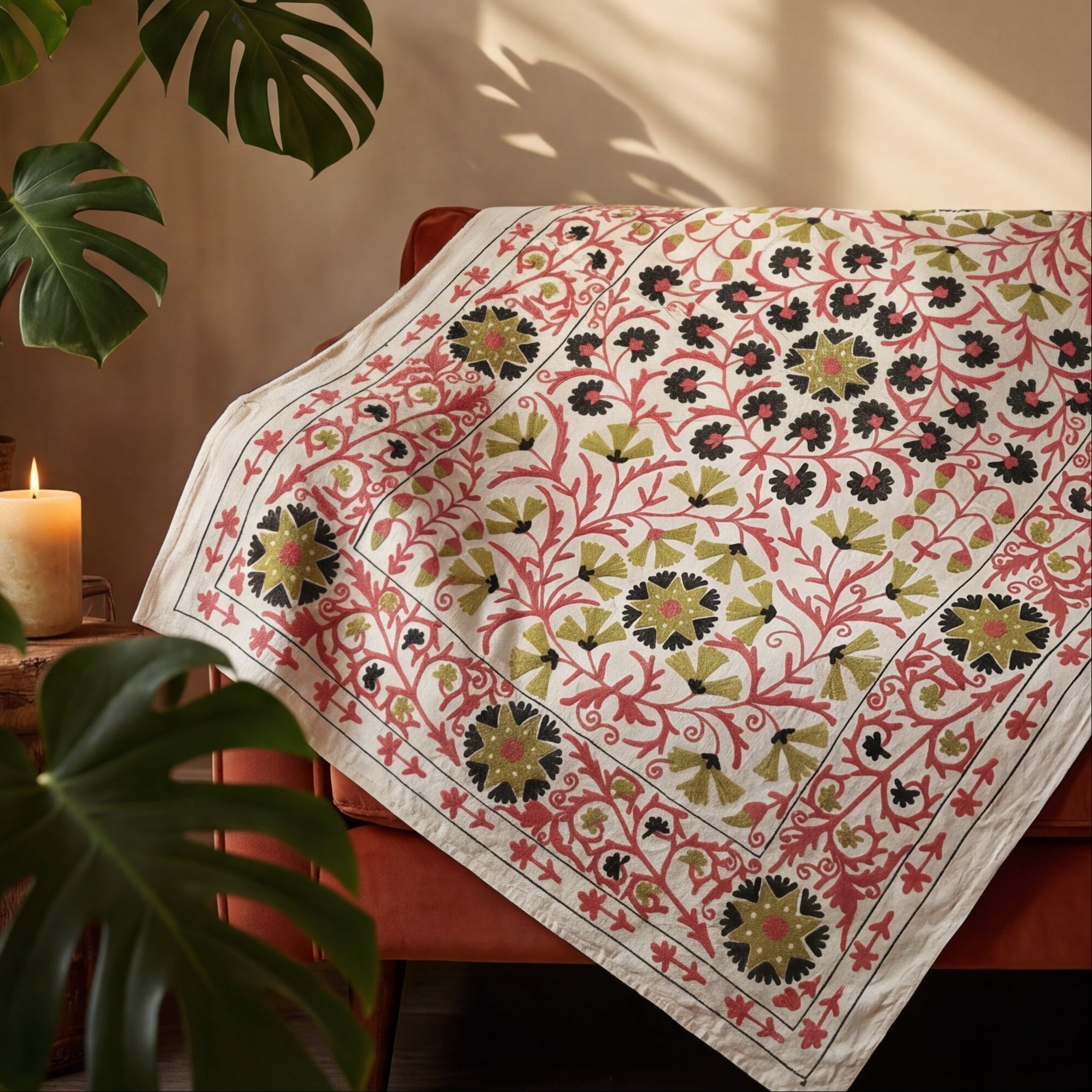 Wandering Lace Hand-Embroidered Cotton Suzani Throw