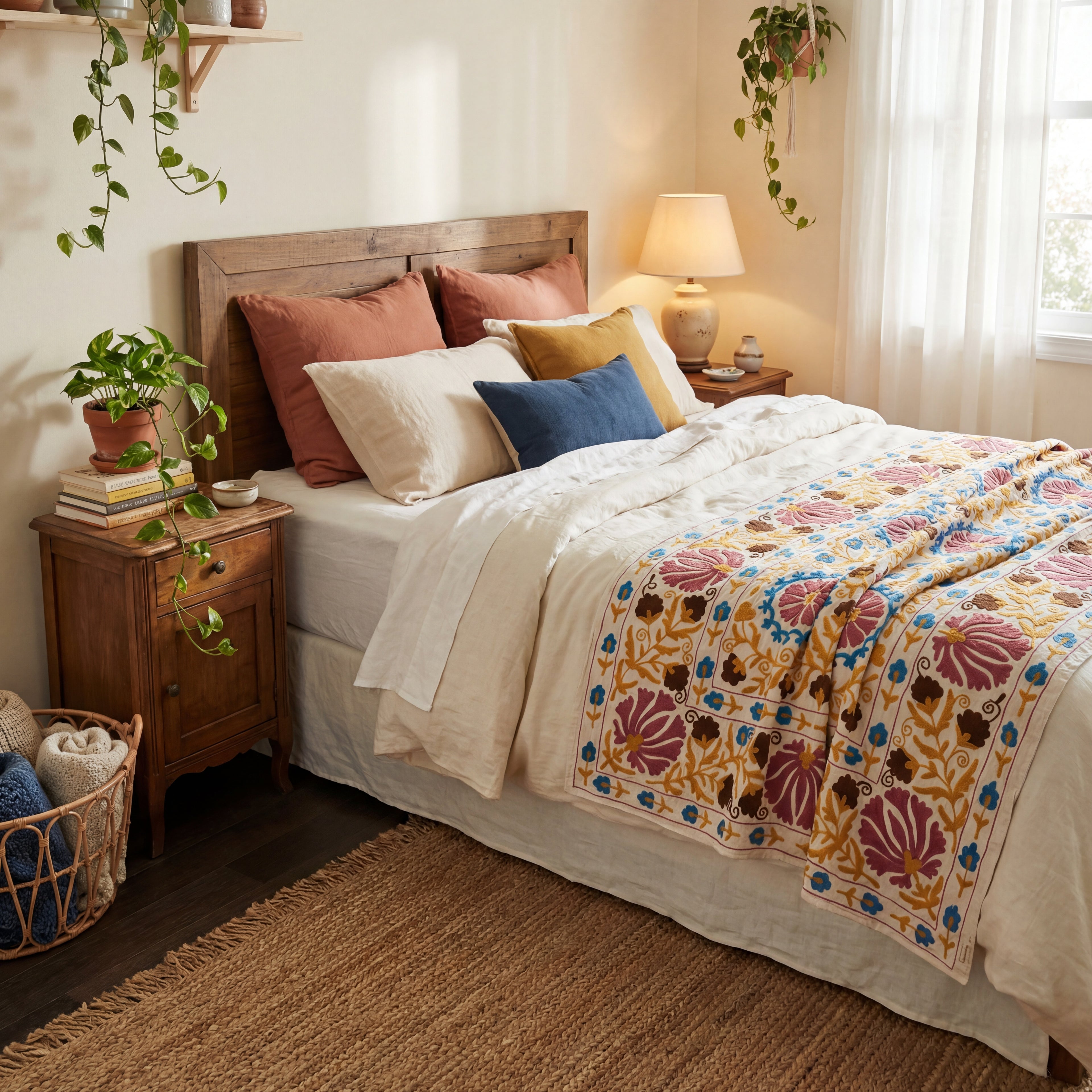 Wandering Ember Hand-Embroidered Cotton Suzani Throw