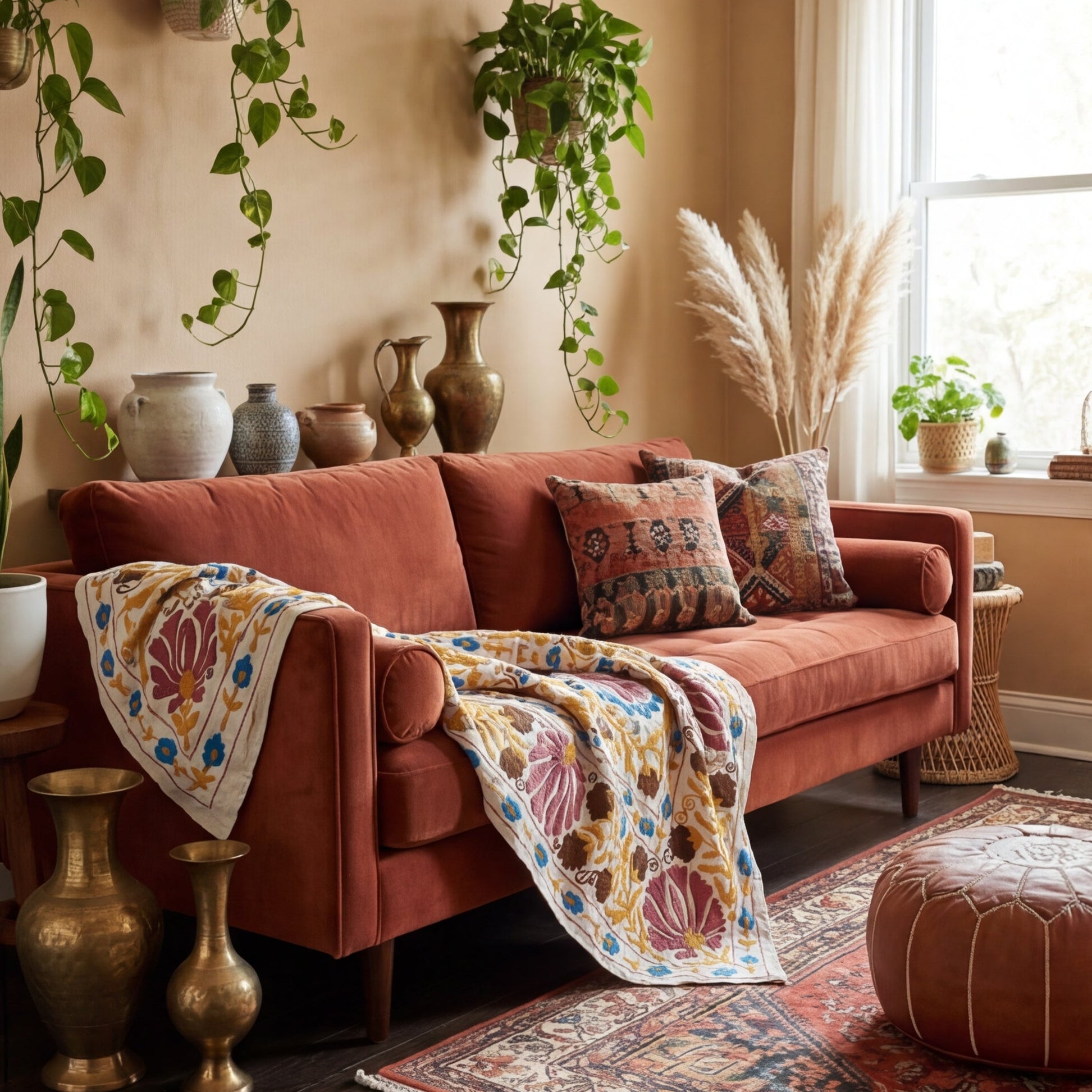 Wandering Ember Hand-Embroidered Cotton Suzani Throw