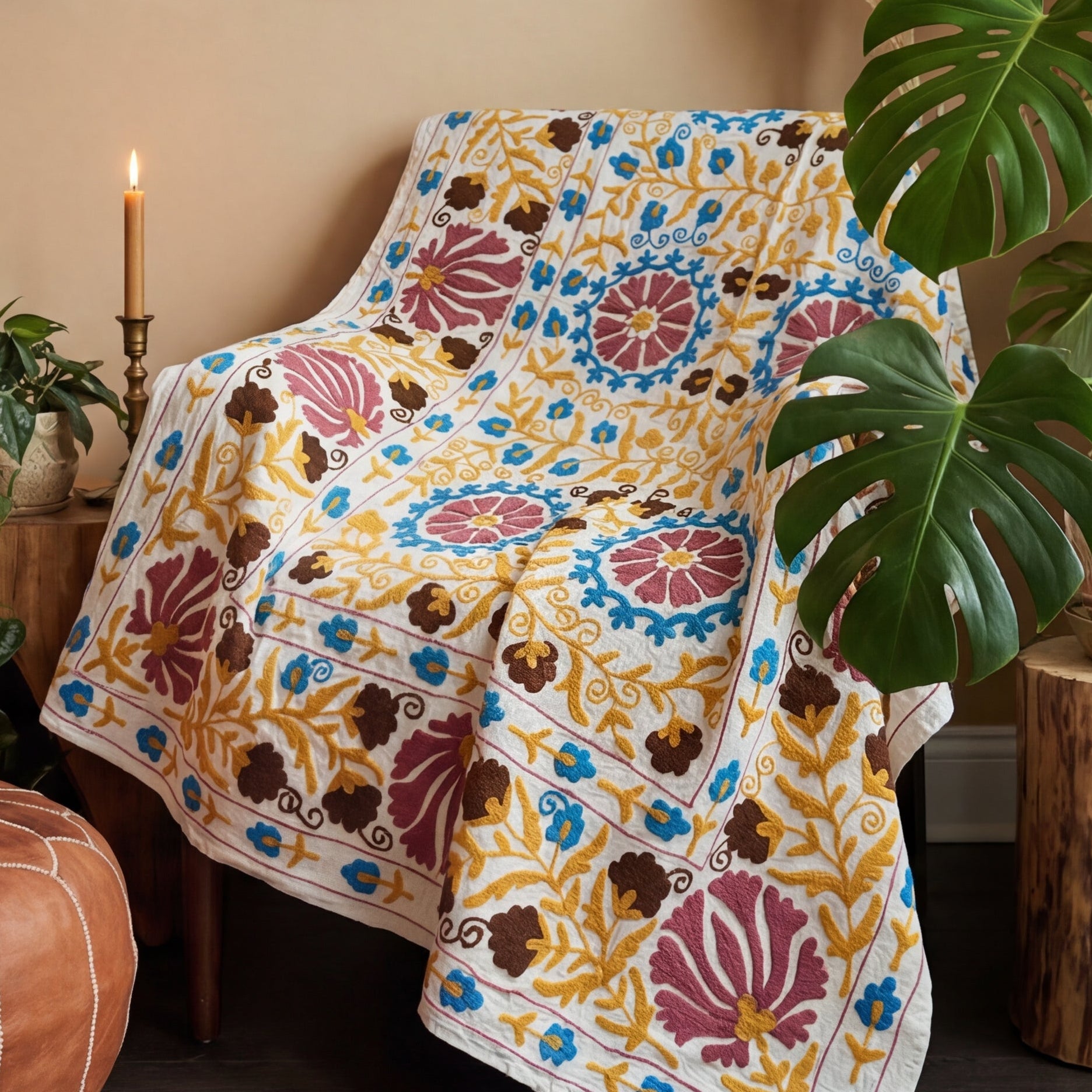 Wandering Ember Hand-Embroidered Cotton Suzani Throw