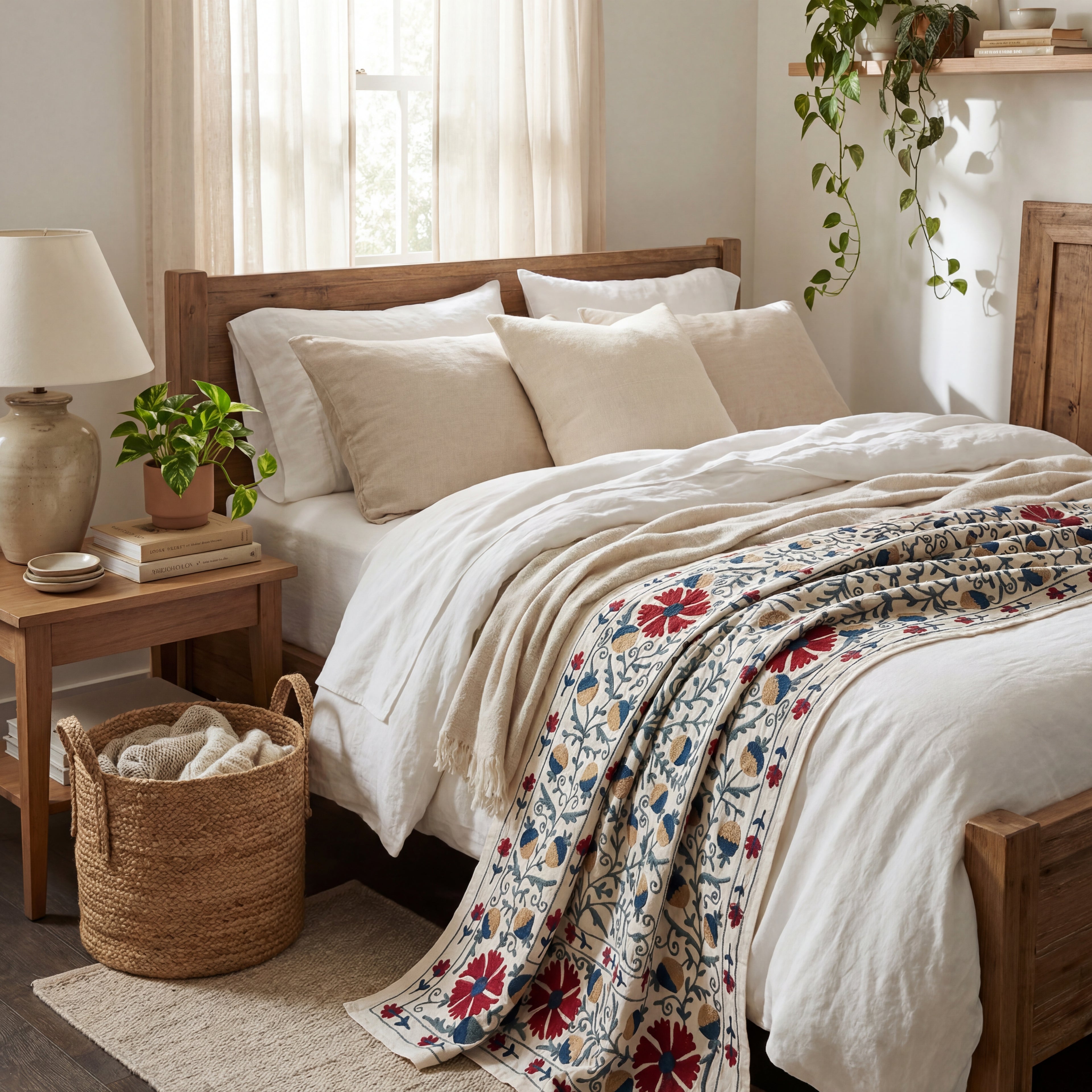 Wandering Stone Hand-Embroidered Cotton Suzani Throw