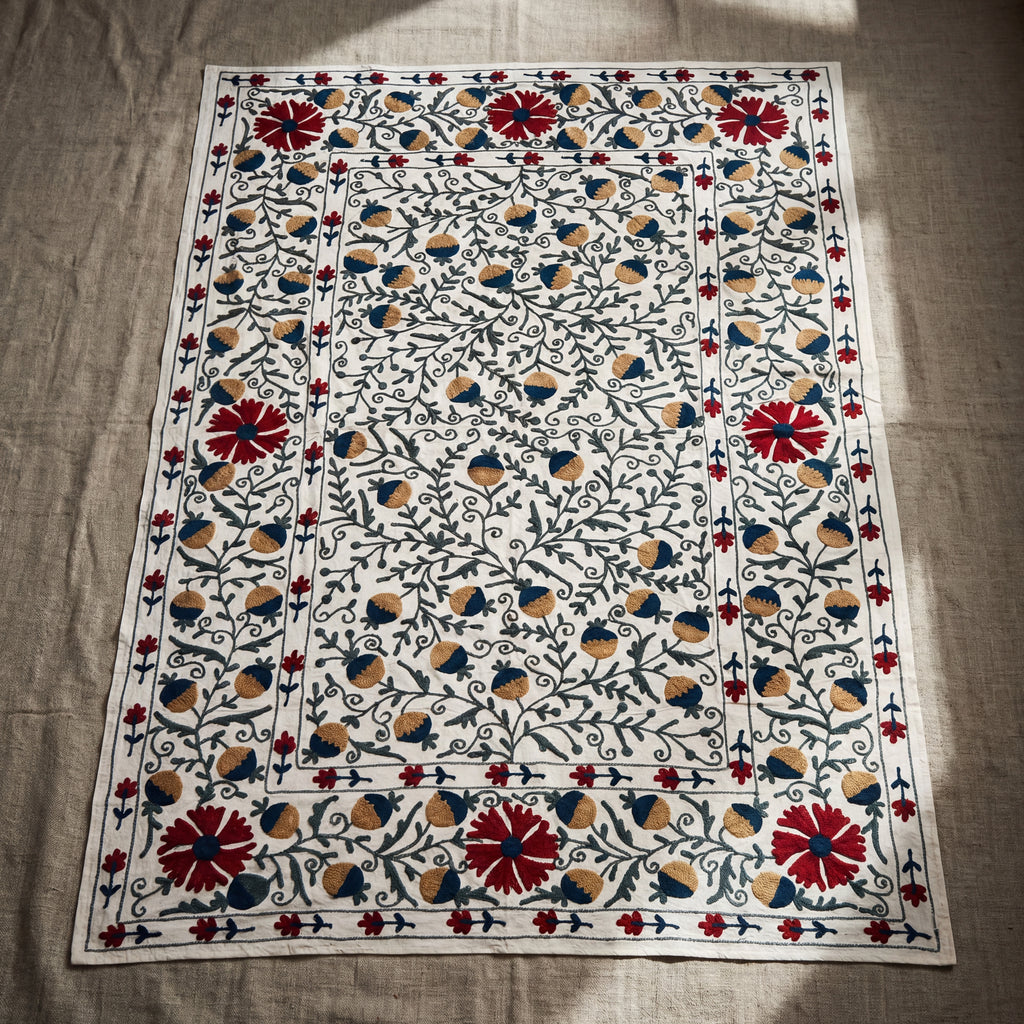 Wandering Stone Hand-Embroidered Cotton Suzani Throw