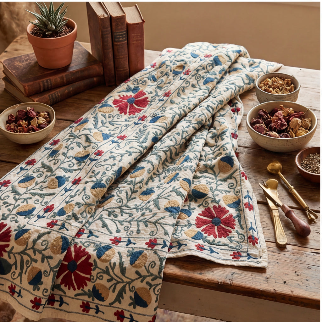 Wandering Stone Hand-Embroidered Cotton Suzani Throw