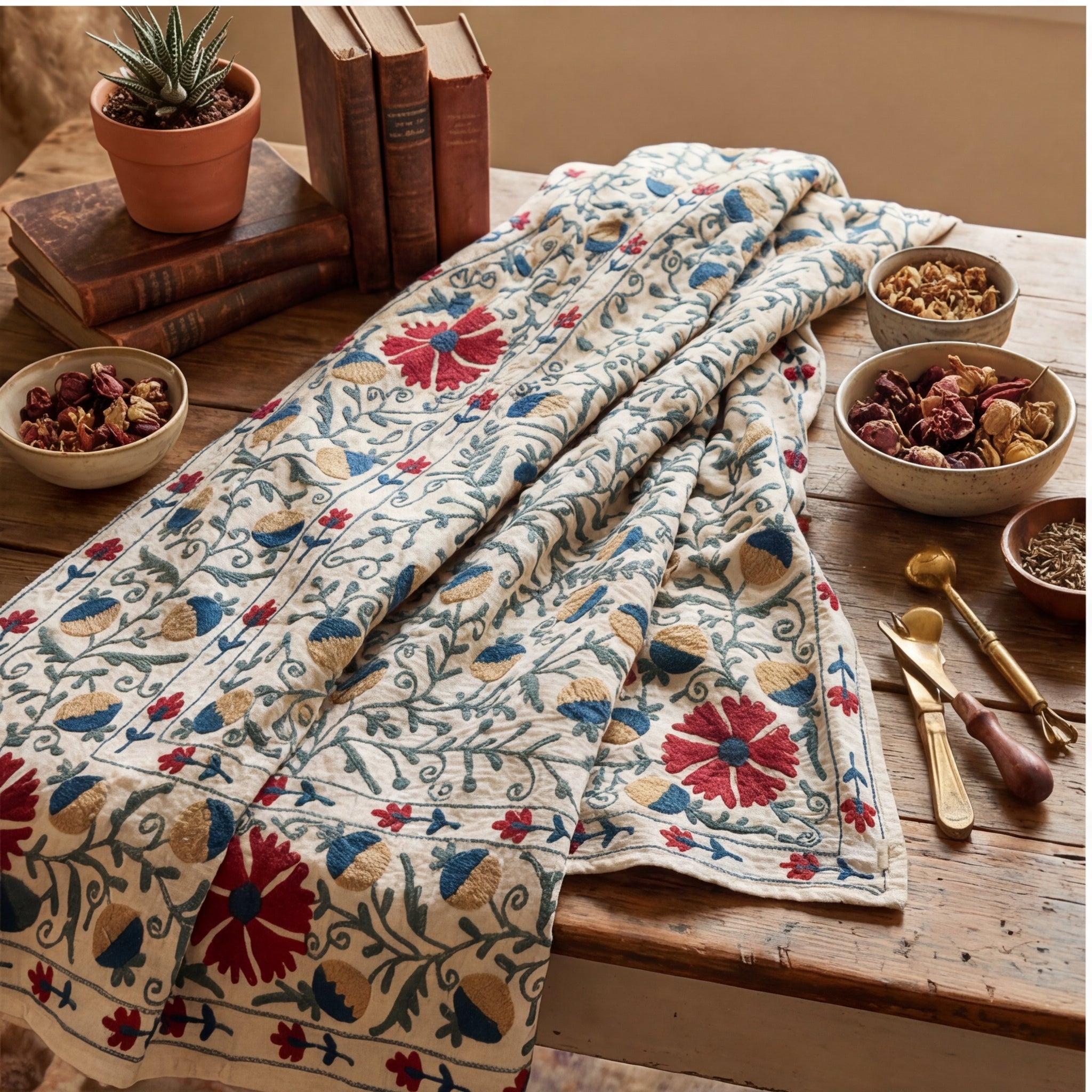 Wandering Stone Hand-Embroidered Cotton Suzani Throw