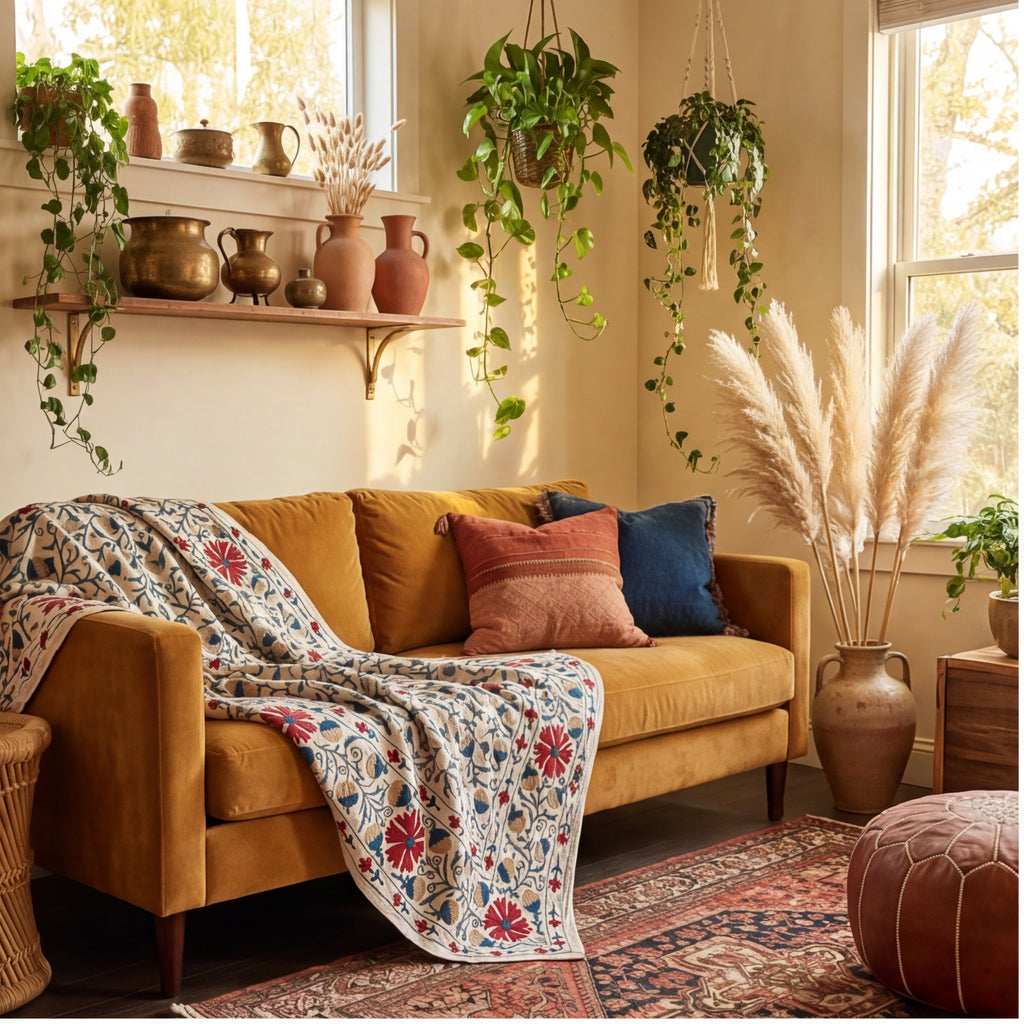 Wandering Stone Hand-Embroidered Cotton Suzani Throw