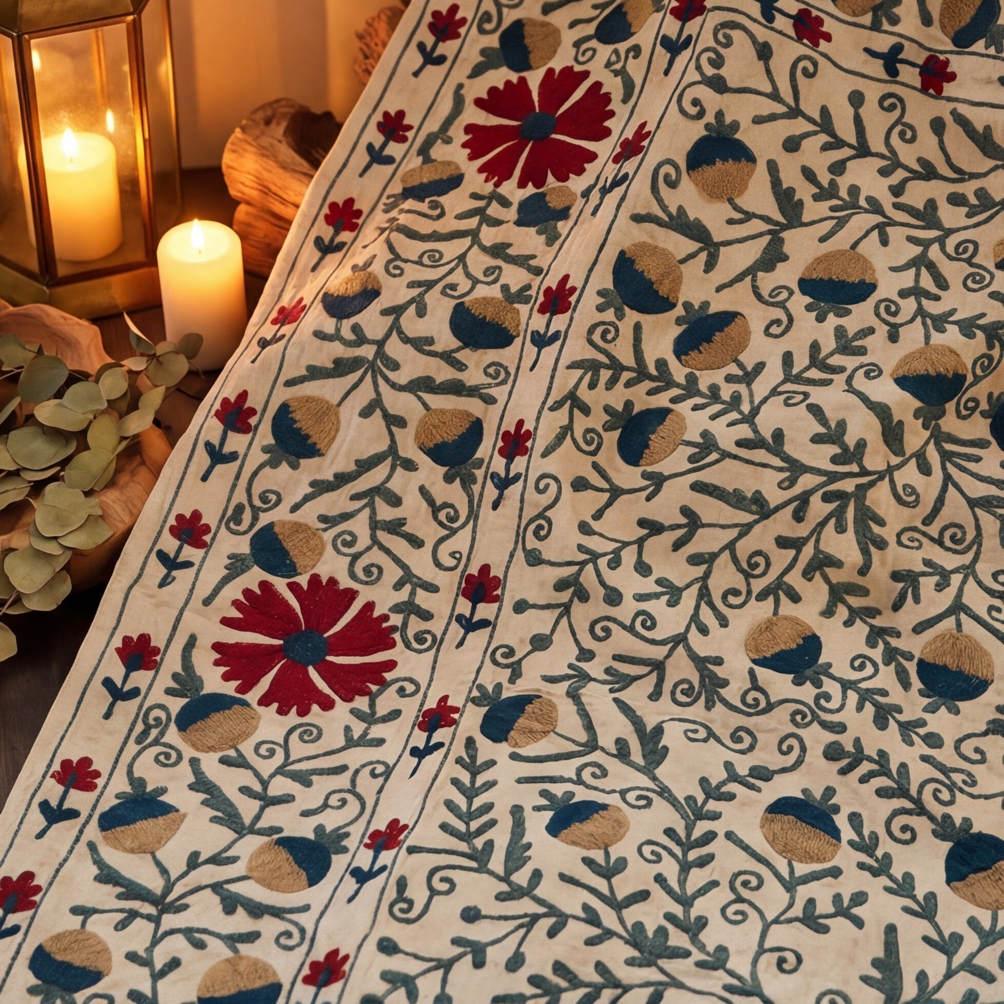 Wandering Stone Hand-Embroidered Cotton Suzani Throw