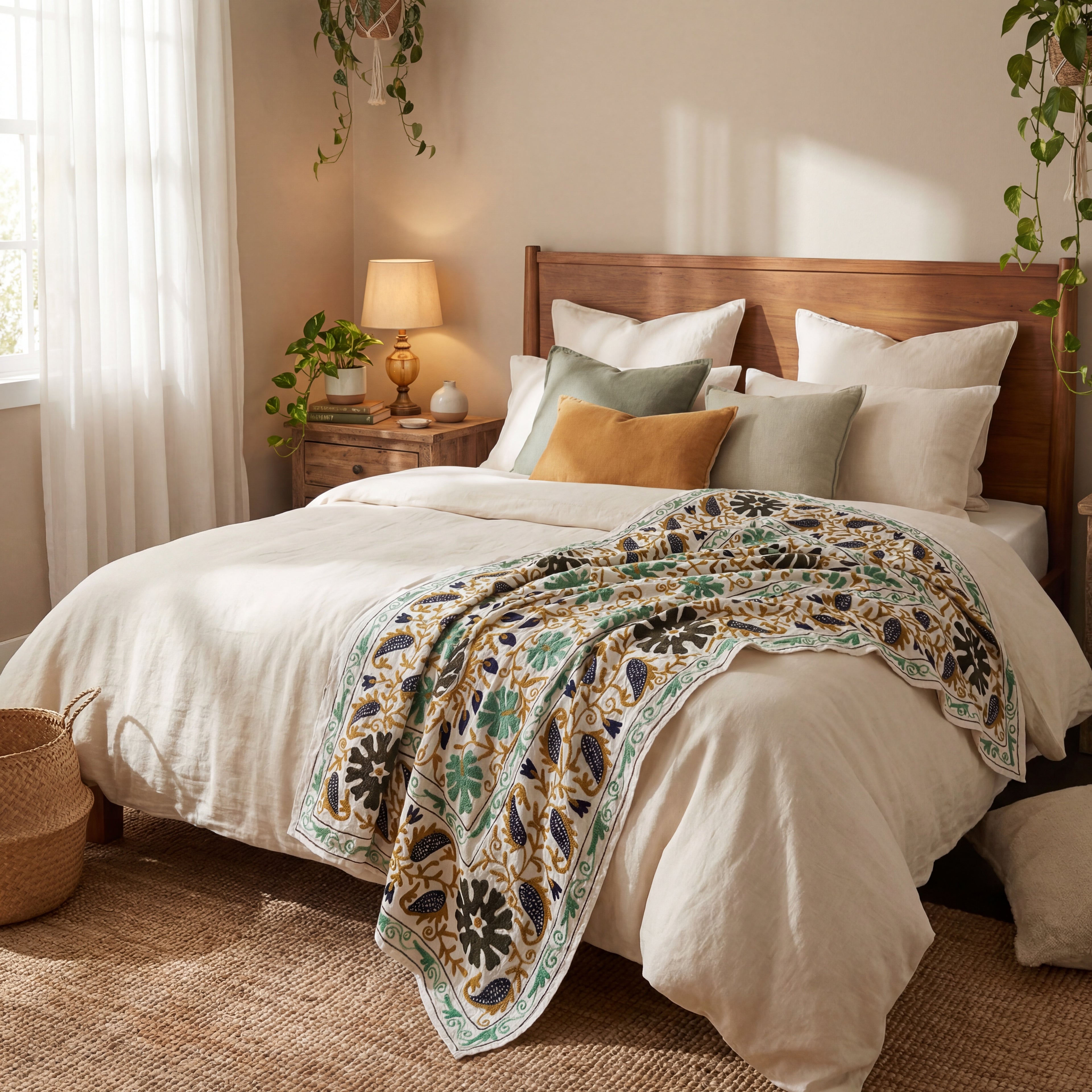 Wandering Lush Hand-Embroidered Cotton Suzani Stone Throw