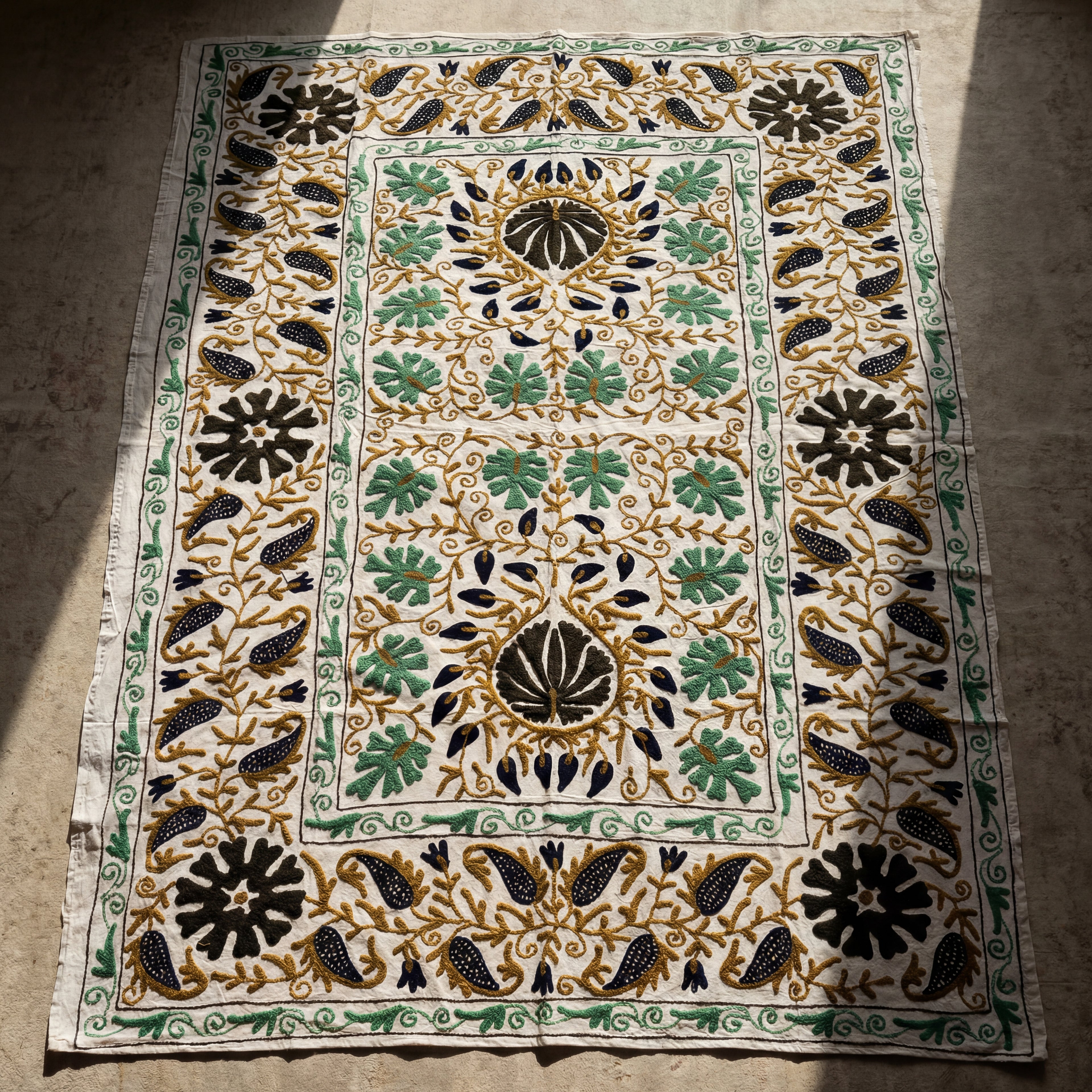 Wandering Lush Hand-Embroidered Cotton Suzani Stone Throw