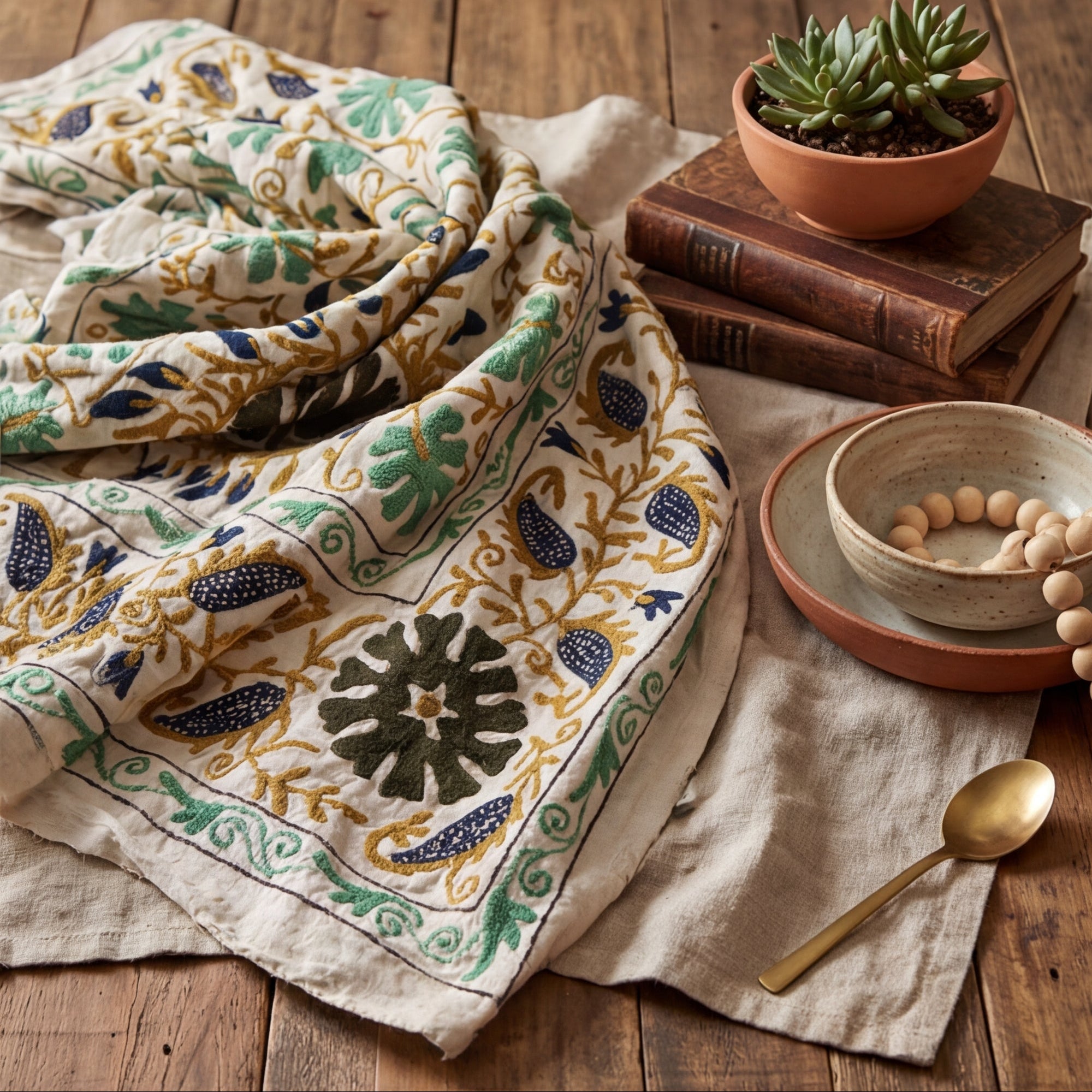 Wandering Lush Hand-Embroidered Cotton Suzani Stone Throw