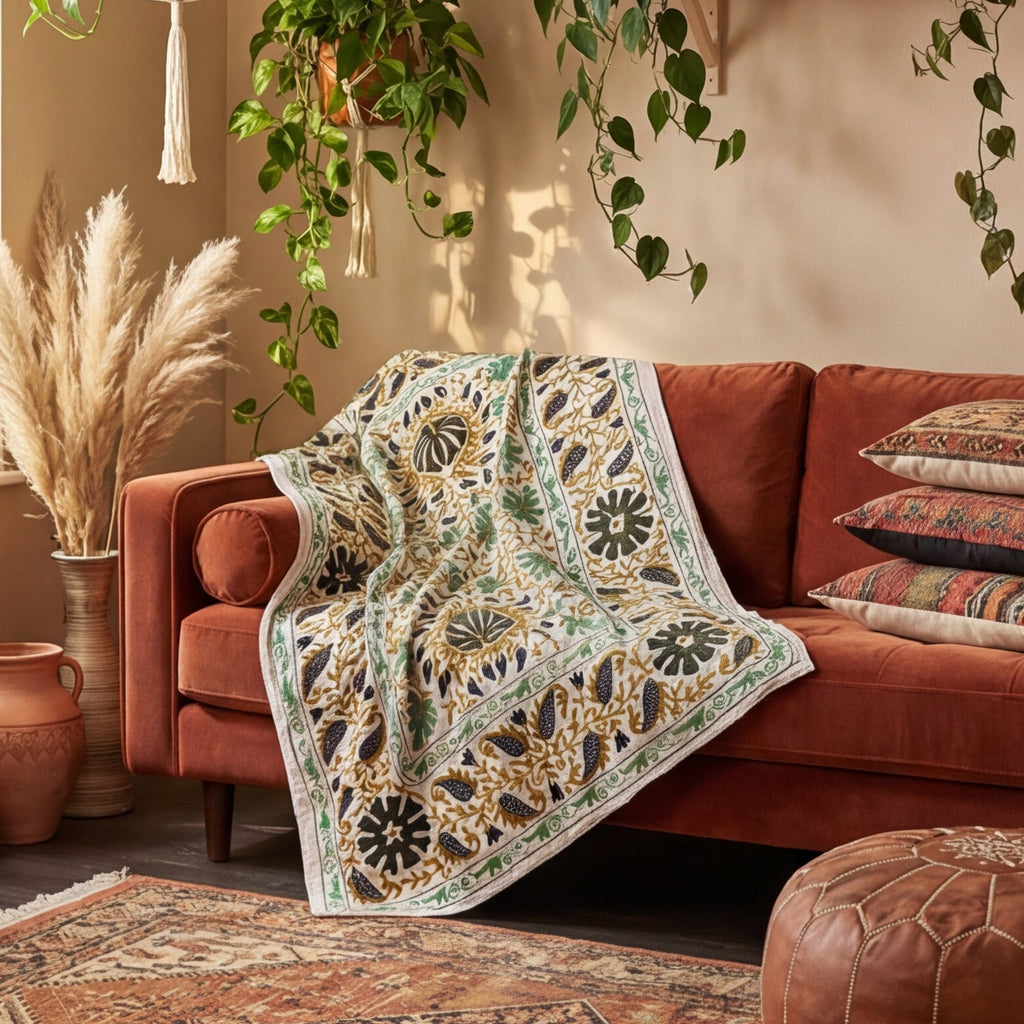 Wandering Lush Hand-Embroidered Cotton Suzani Stone Throw
