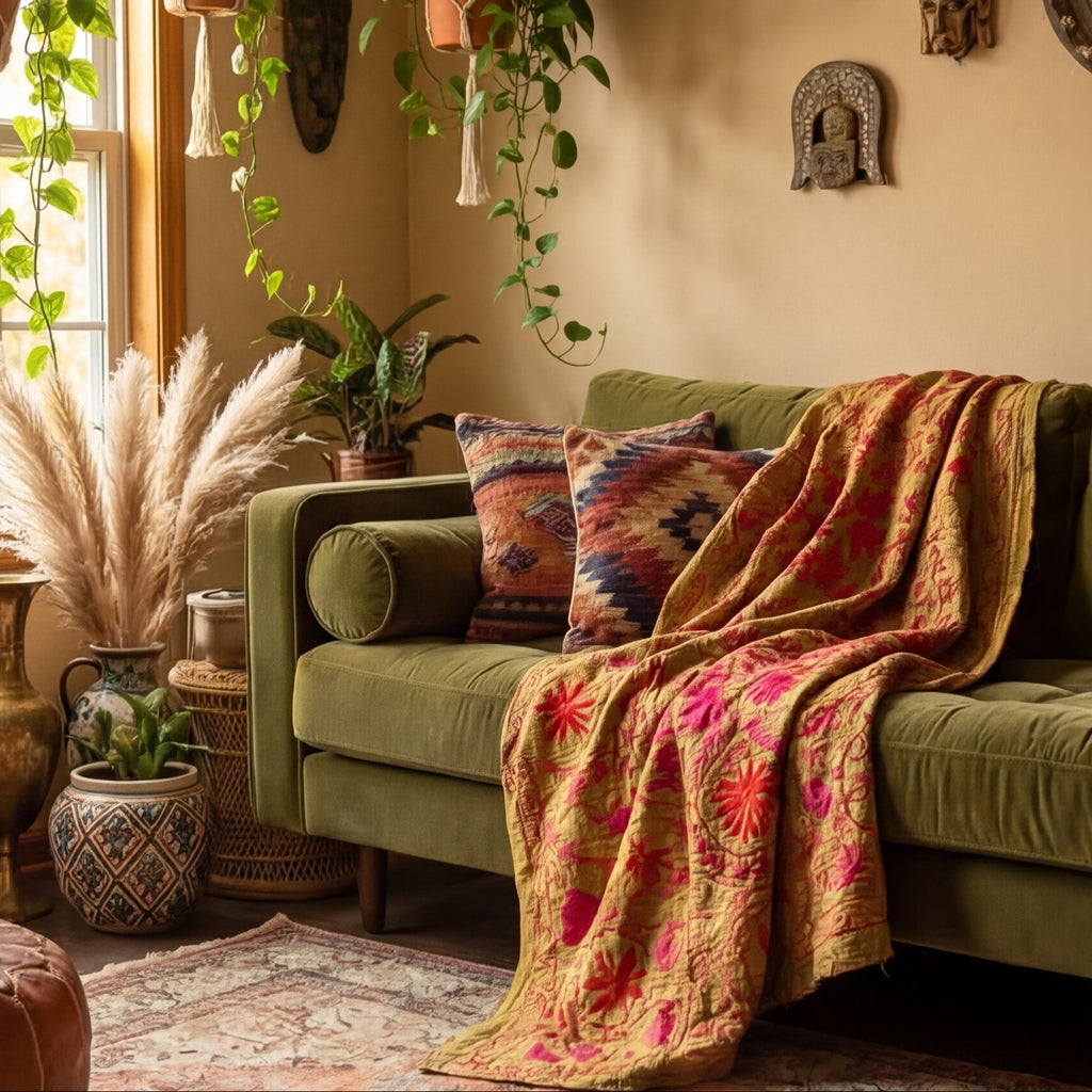 Vintage Suzani - Stone Bloom Luxury Kantha Throw