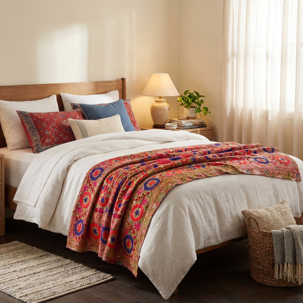 Amber Glow Luxury Vintage Suzani Kantha Throw