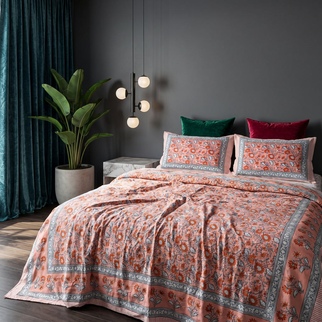 Wild Jasmine Hand Block Printed King Bedsheet Set