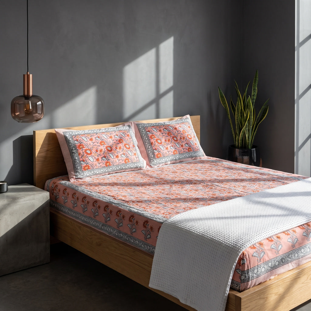 Wild Jasmine Hand Block Printed King Bedsheet Set