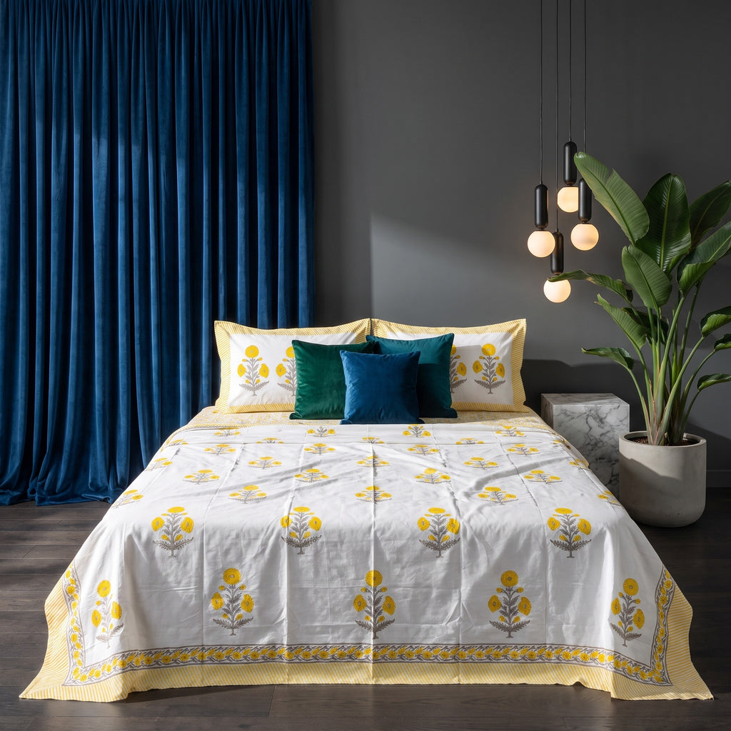 Prairie Bloom Hand Block Printed King Bedsheet Set
