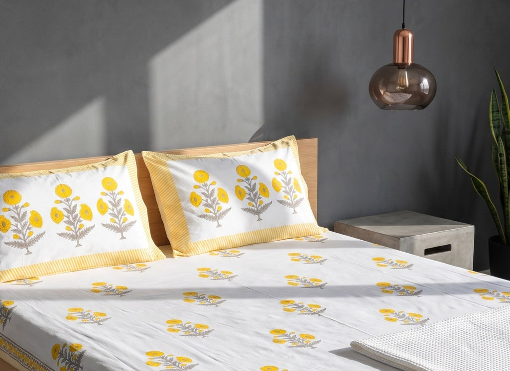 Prairie Bloom Hand Block Printed King Bedsheet Set