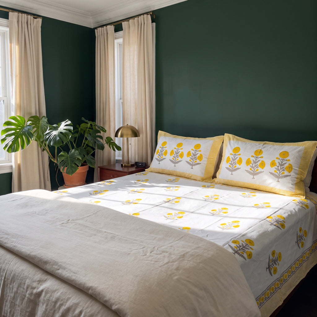 Prairie Bloom Hand Block Printed King Bedsheet Set