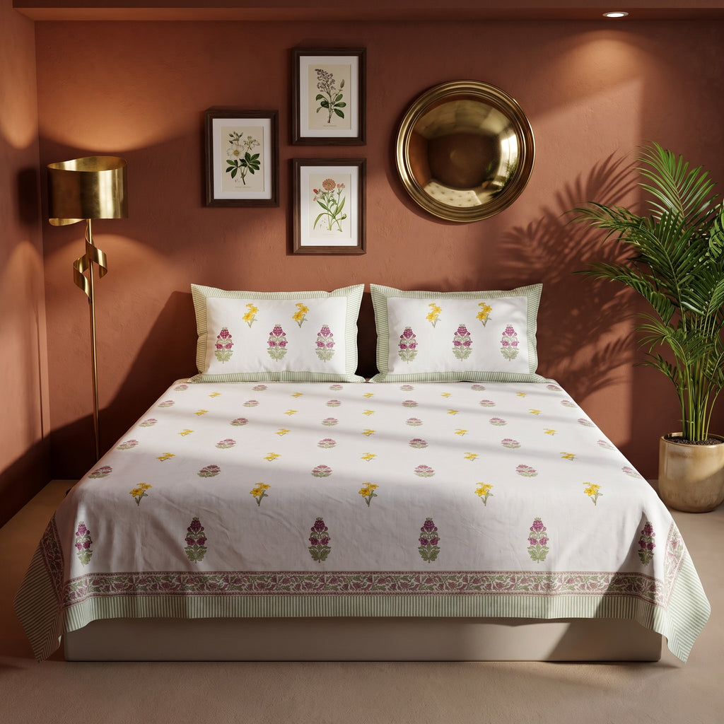 Meadow Drift Hand Block Printed King Bedsheet Set