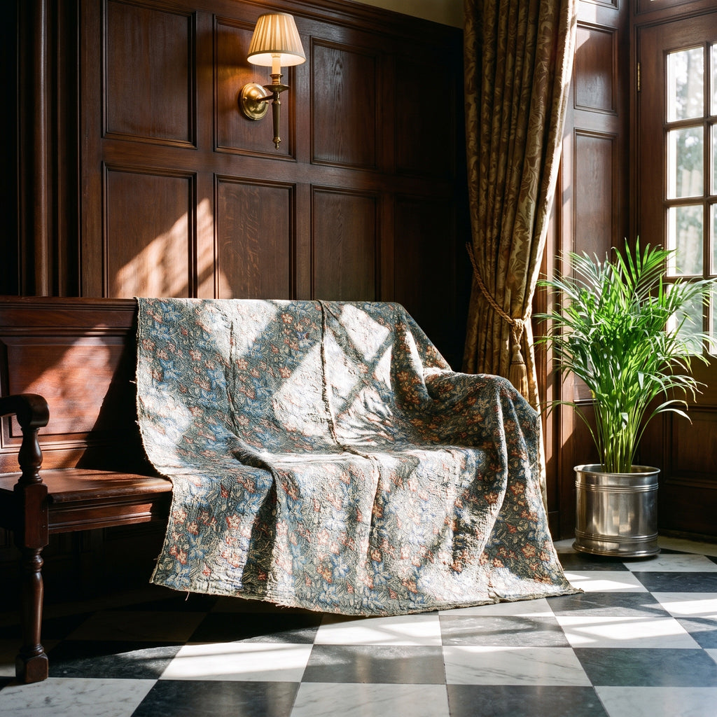 Wild Ginger Bagru Block Print Kantha Throw — front side styled in a home entryway