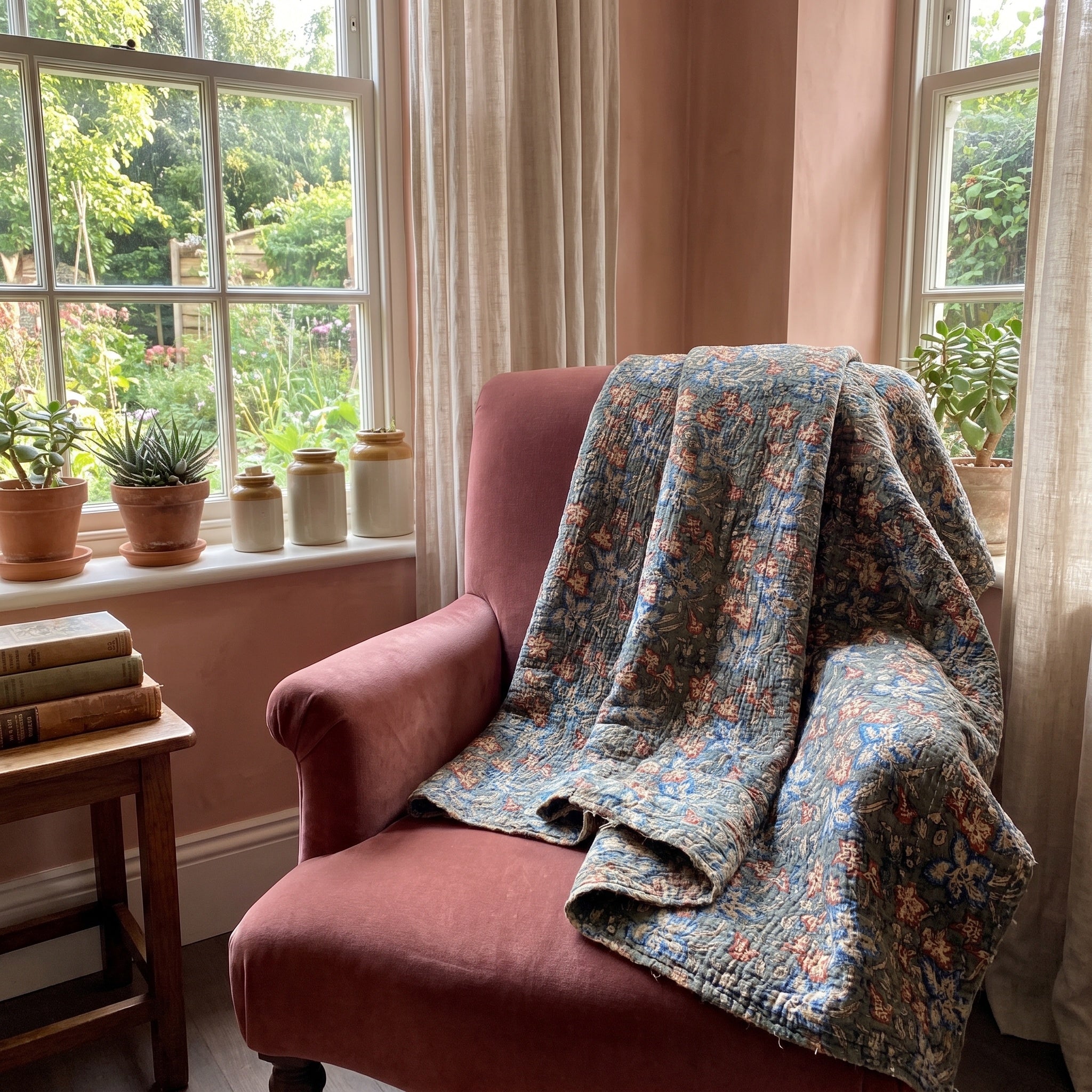 Wild Ginger Bagru Kantha Throw — front draped over a chair in a cosy reading nook