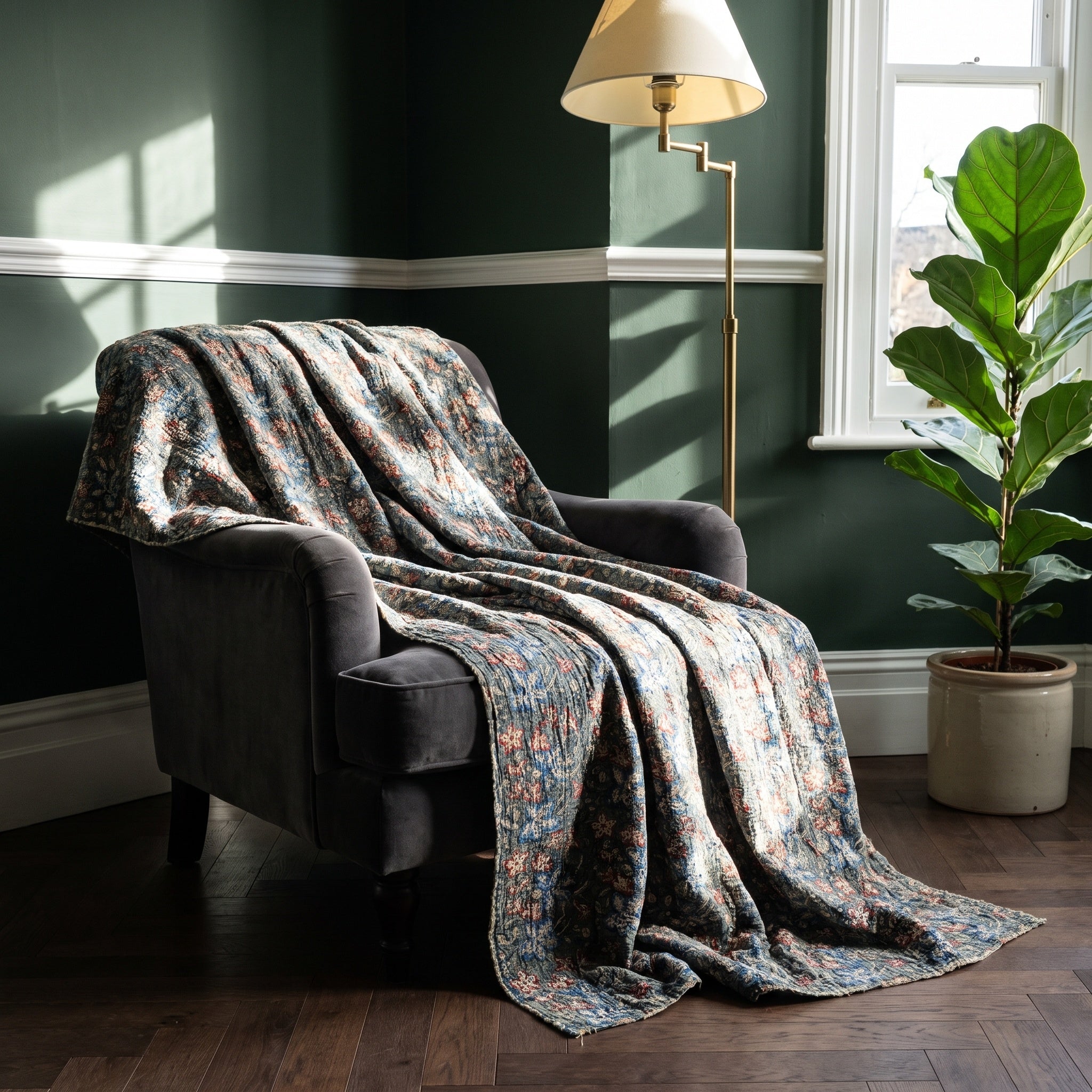 Wild Ginger Vintage Bagru Kantha Throw — front side, Victorian heritage interior styling