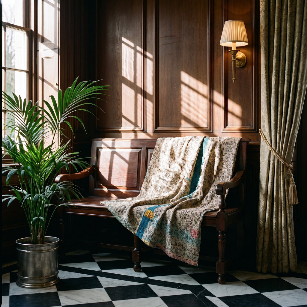 Wild Ginger Bagru Block Print Kantha Throw — reverse side styled in a home entryway