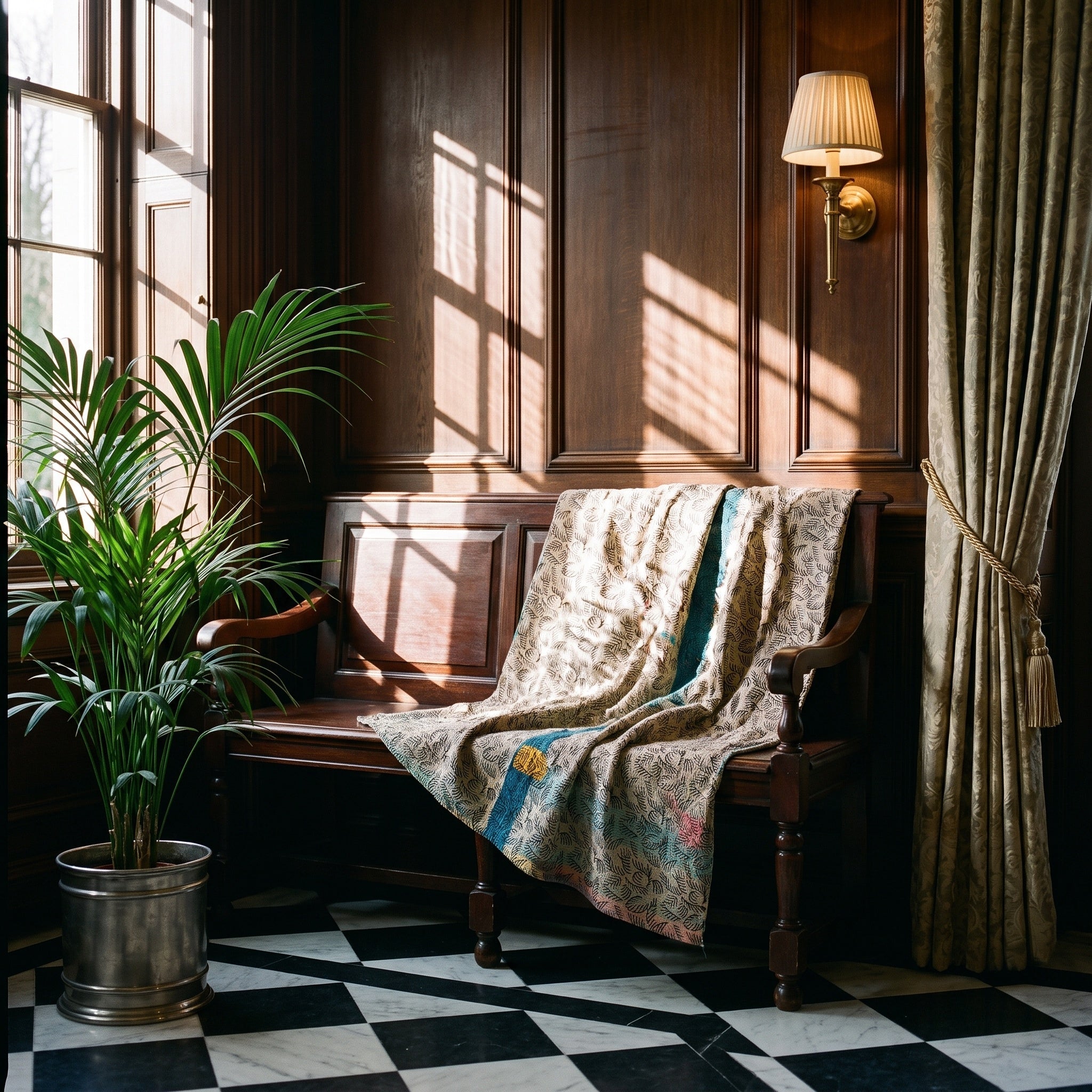 Wild Ginger Bagru Block Print Kantha Throw — reverse side styled in a home entryway