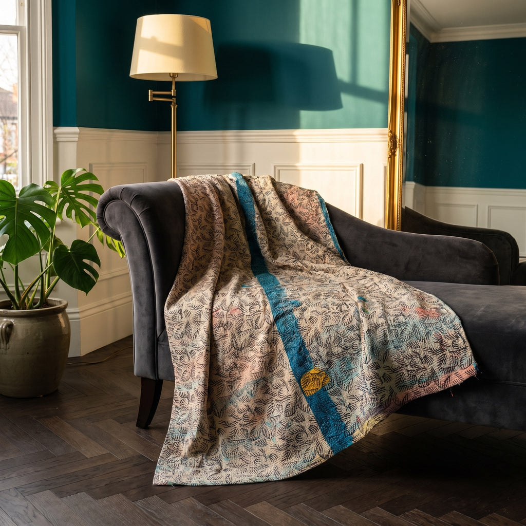 Wild Ginger Vintage Bagru Kantha Throw — reverse side styled in a jewel-toned living room