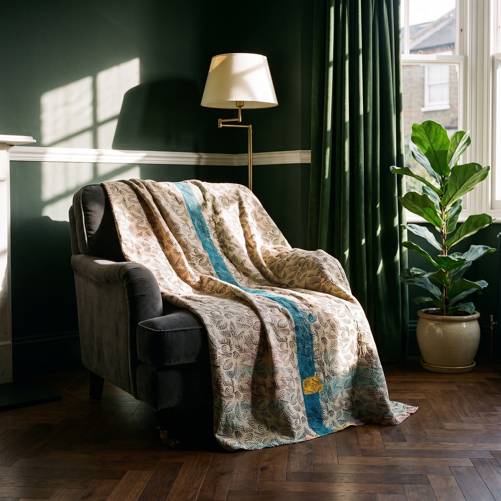 Wild Ginger Vintage Bagru Kantha Throw — reverse side, Victorian heritage interior styling