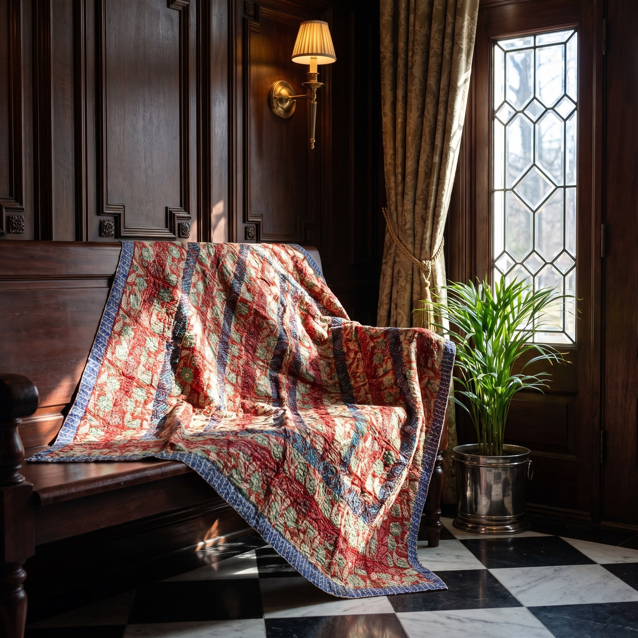 Trillium Bagru Block Print Kantha Throw — front side styled in a home entryway