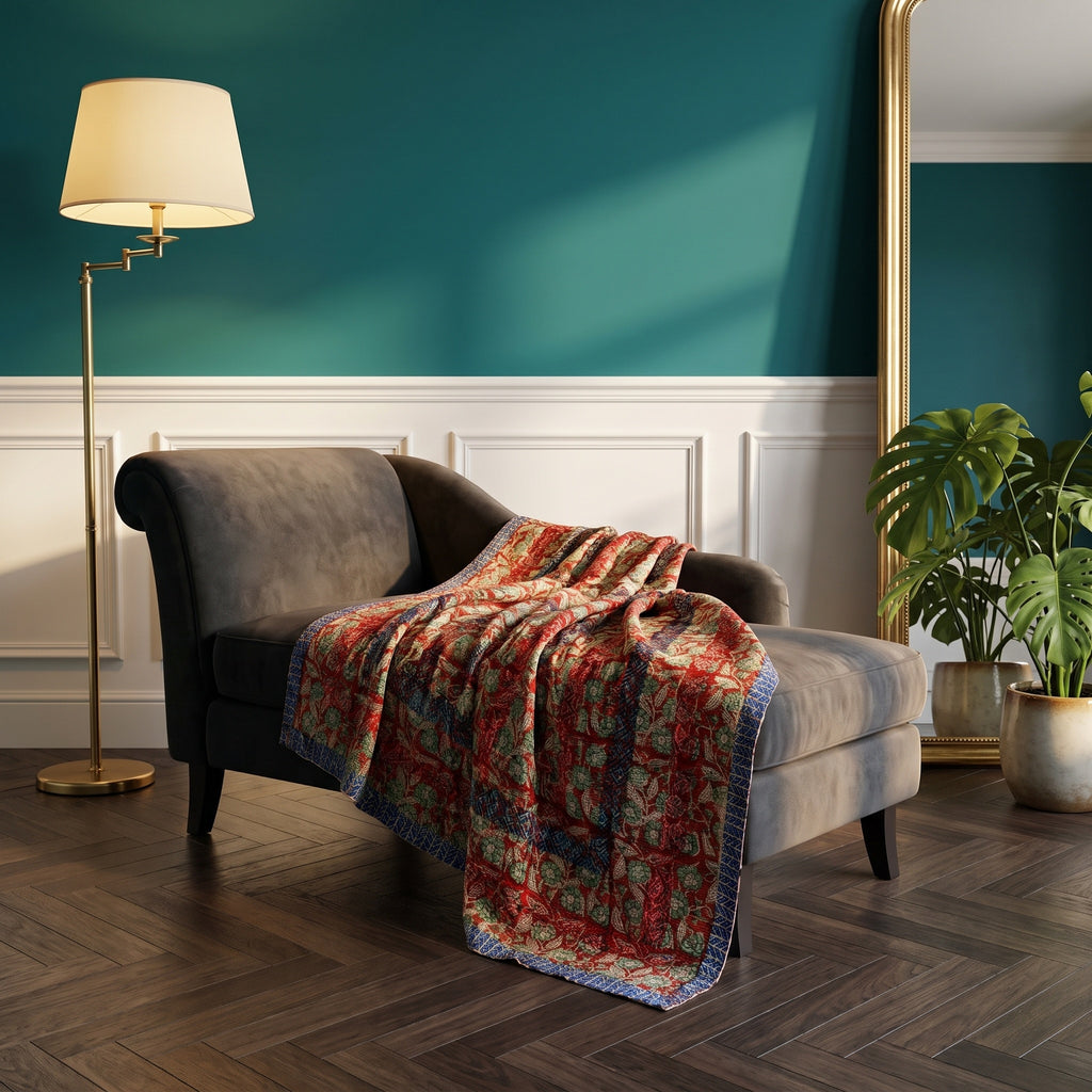 Trillium Vintage Bagru Block Print Kantha Throw — front side styled in a jewel-toned living room
