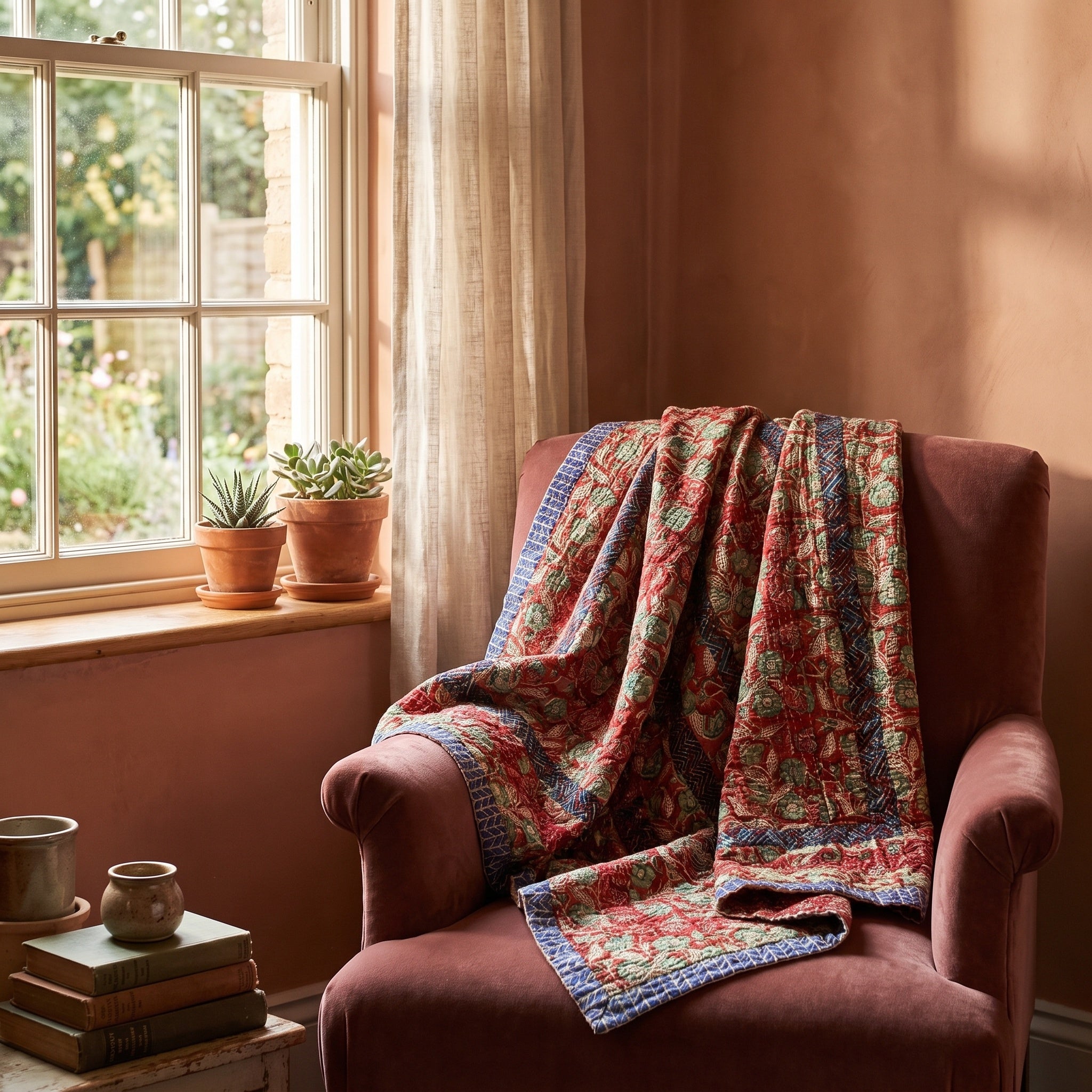 Trillium Bagru Kantha Throw — front draped over a chair in a cosy reading nook