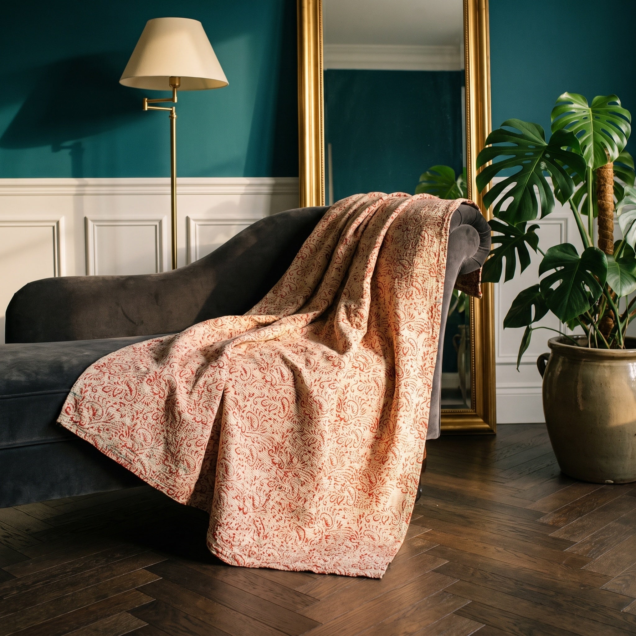 Trillium Vintage Bagru Kantha Throw — reverse side styled in a jewel-toned living room