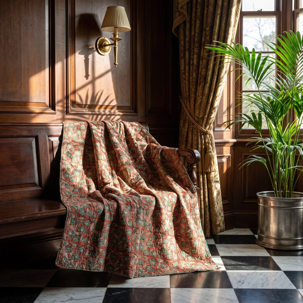 Fireweed Bagru Block Print Kantha Throw — front side styled in a home entryway