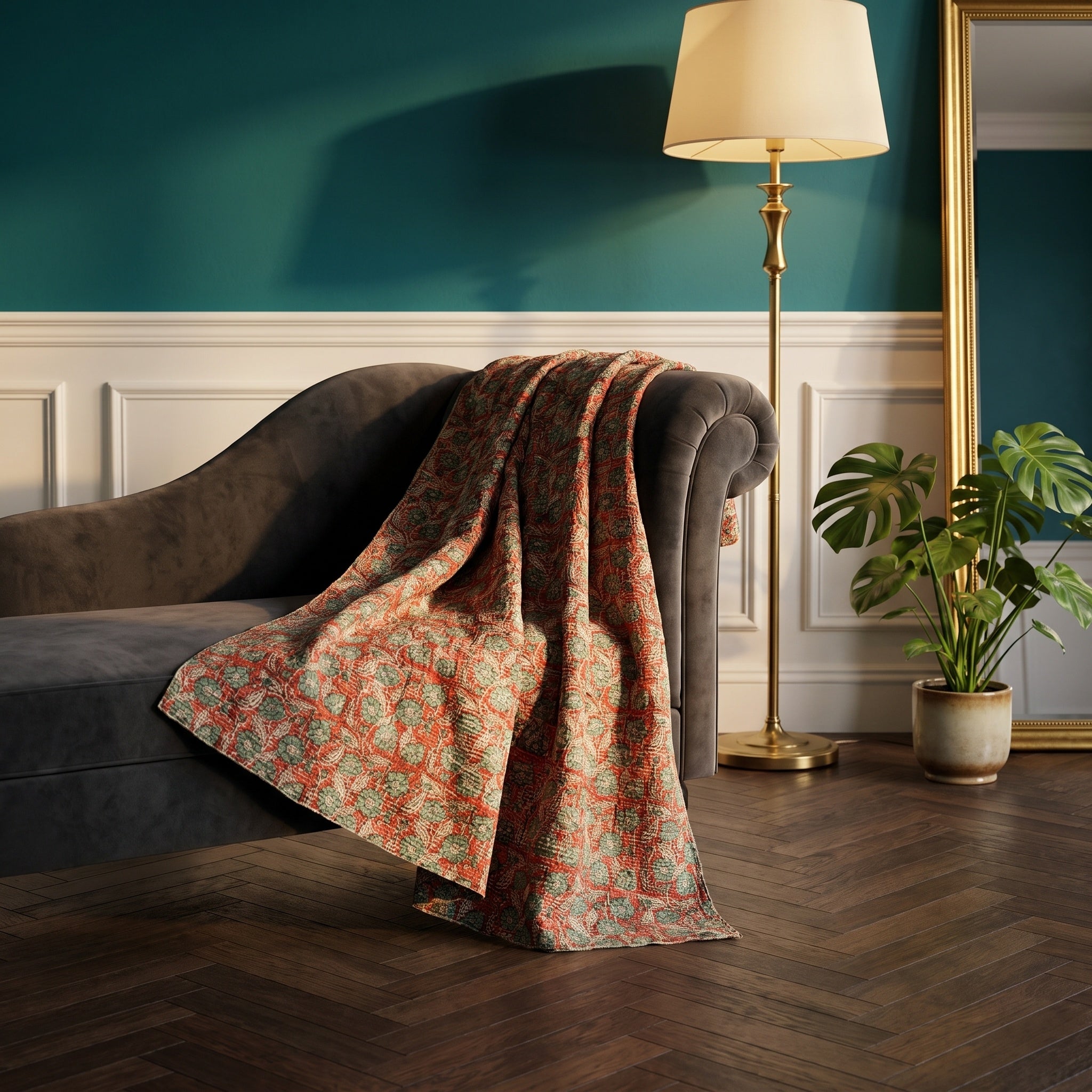 Fireweed Vintage Bagru Block Print Kantha Throw — front side styled in a jewel-toned living room