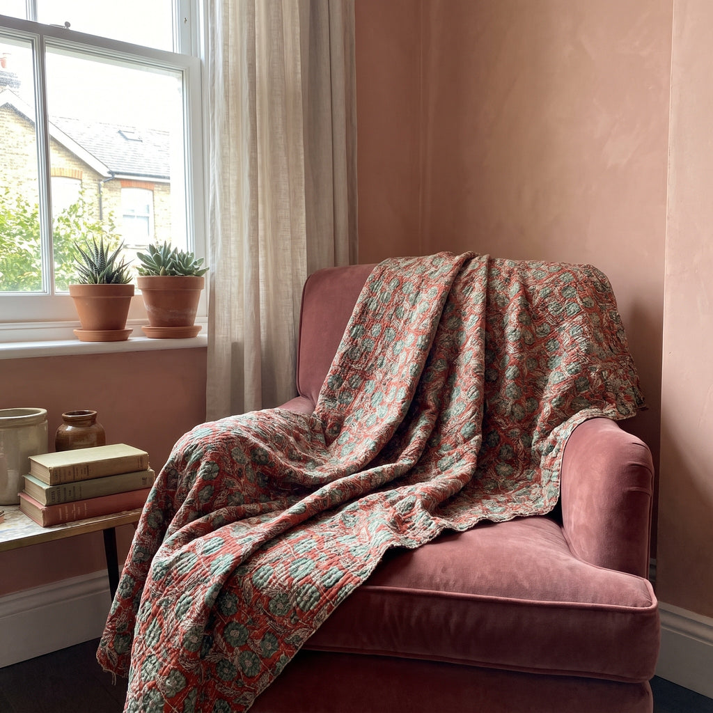 Fireweed Bagru Kantha Throw — front draped over a chair in a cosy reading nook