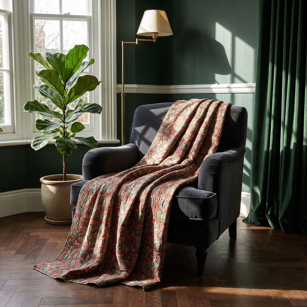 Fireweed Vintage Bagru Kantha Throw — front side, Victorian heritage interior styling