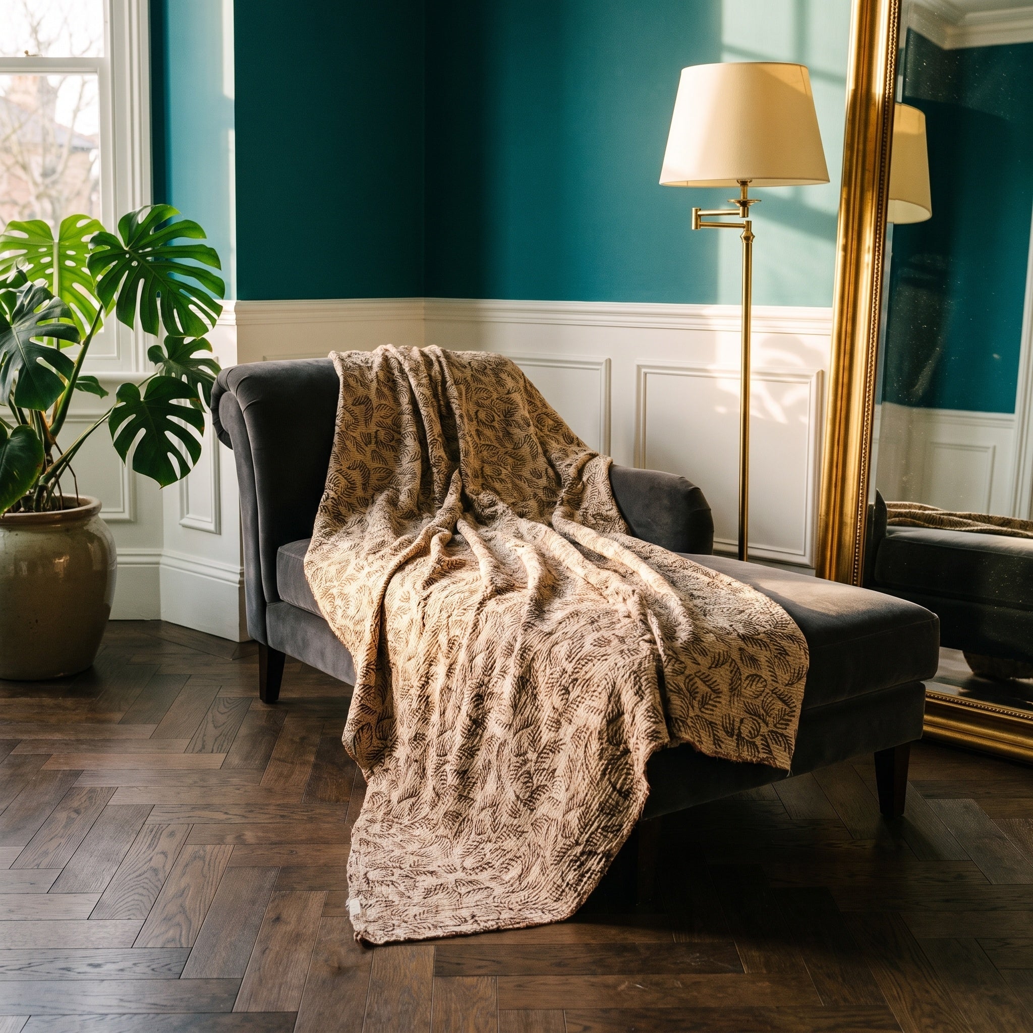 Fireweed Vintage Bagru Kantha Throw — reverse side styled in a jewel-toned living room