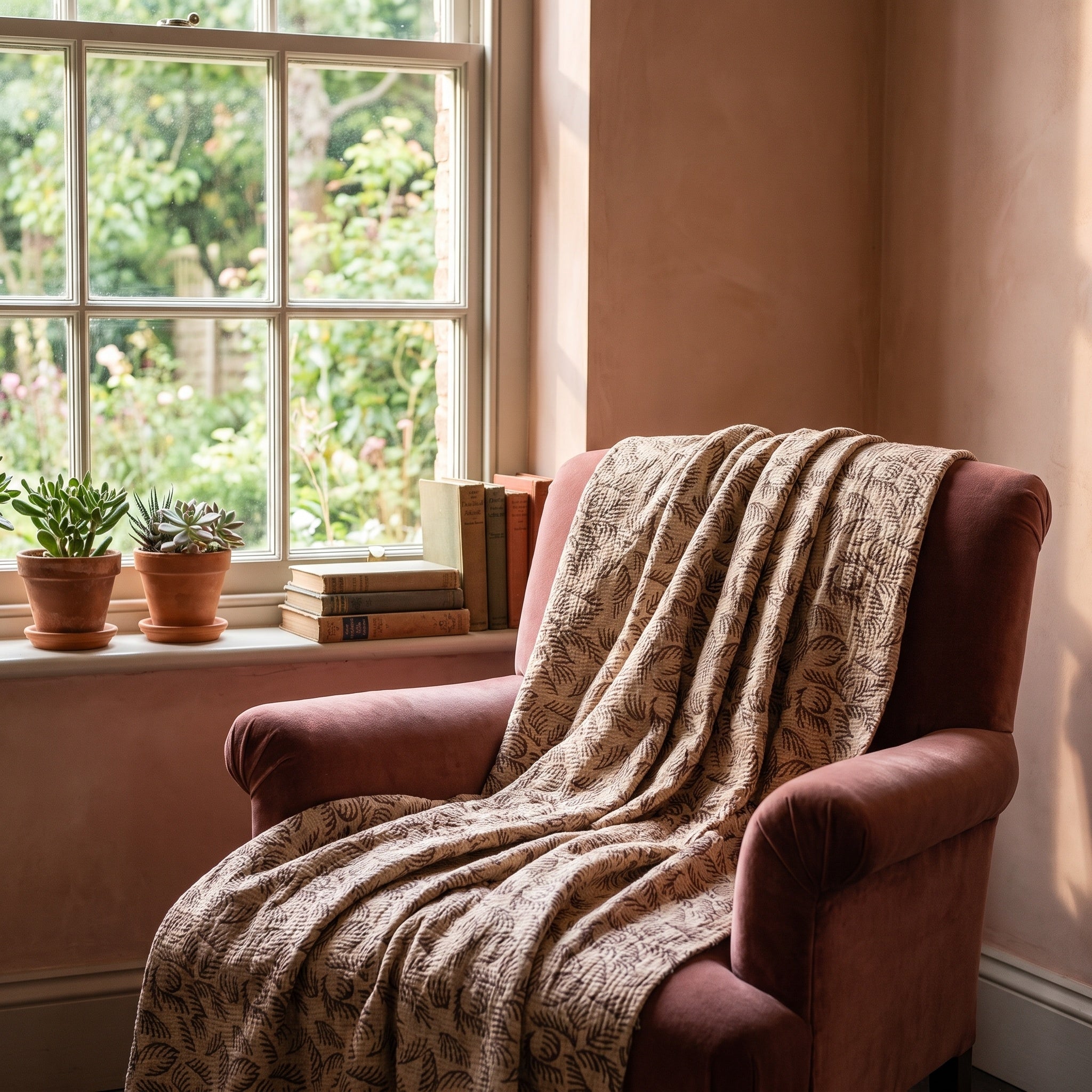 Fireweed Bagru Kantha Throw — reverse side draped over a chair in a reading nook