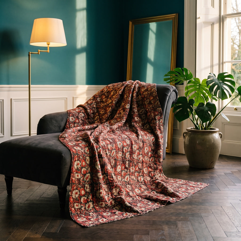Wild Bergamot Vintage Bagru Block Print Kantha Throw — front side styled in a jewel-toned living room