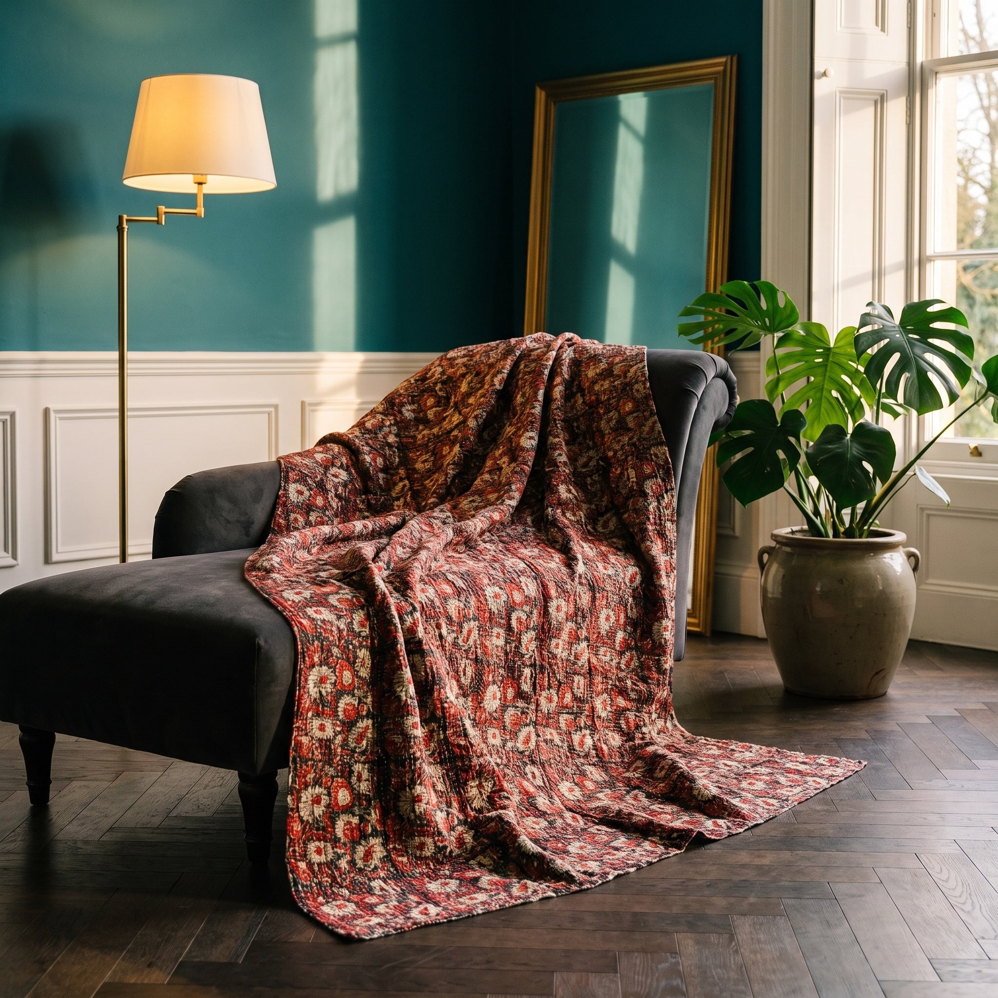 Wild Bergamot Vintage Bagru Block Print Kantha Throw — front side styled in a jewel-toned living room