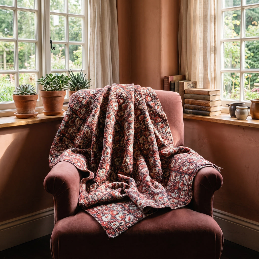 Wild Bergamot Bagru Kantha Throw — front draped over a chair in a cosy reading nook
