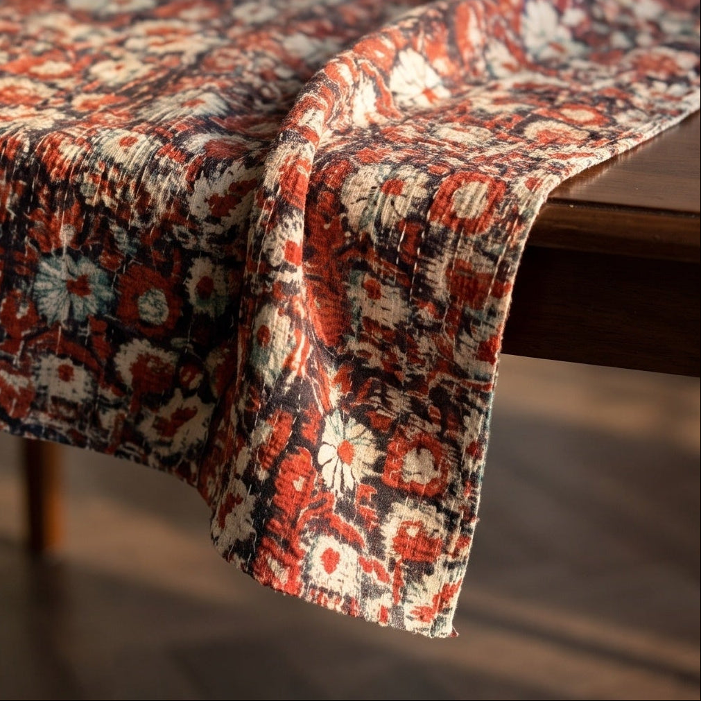 Wild Bergamot Vintage Handmade Bagru Block Print Kantha Throw — flat lay showing front and back
