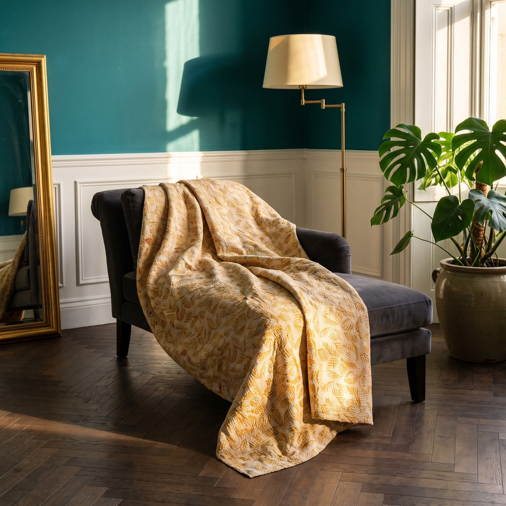 Wild Bergamot Vintage Bagru Kantha Throw — reverse side styled in a jewel-toned living room