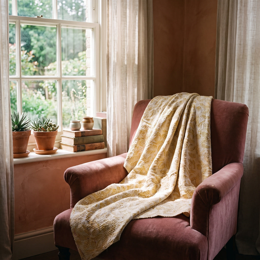 Wild Bergamot Bagru Kantha Throw — reverse side draped over a chair in a reading nook