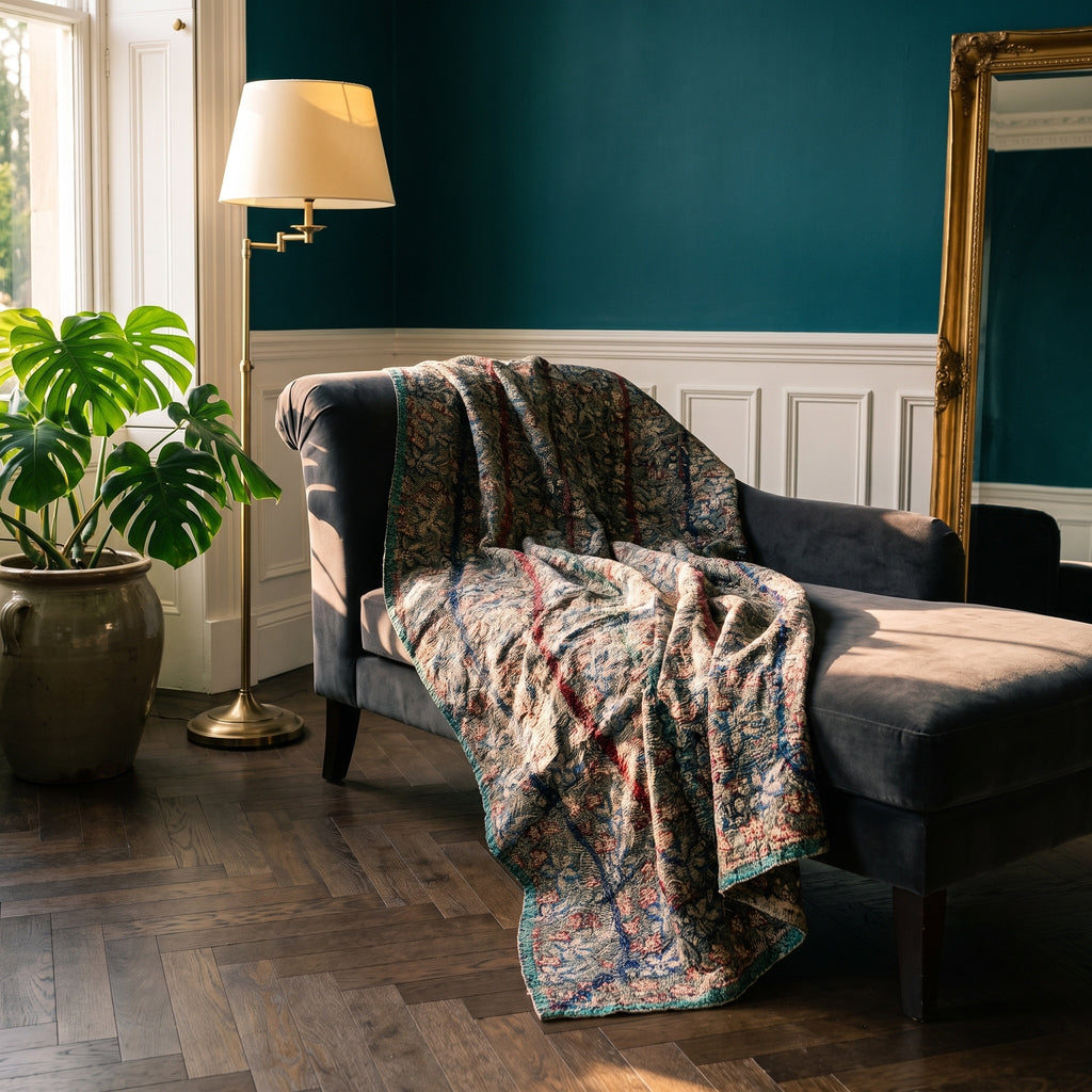 Goldenrod Vintage Bagru Block Print Kantha Throw — front side styled in a jewel-toned living room