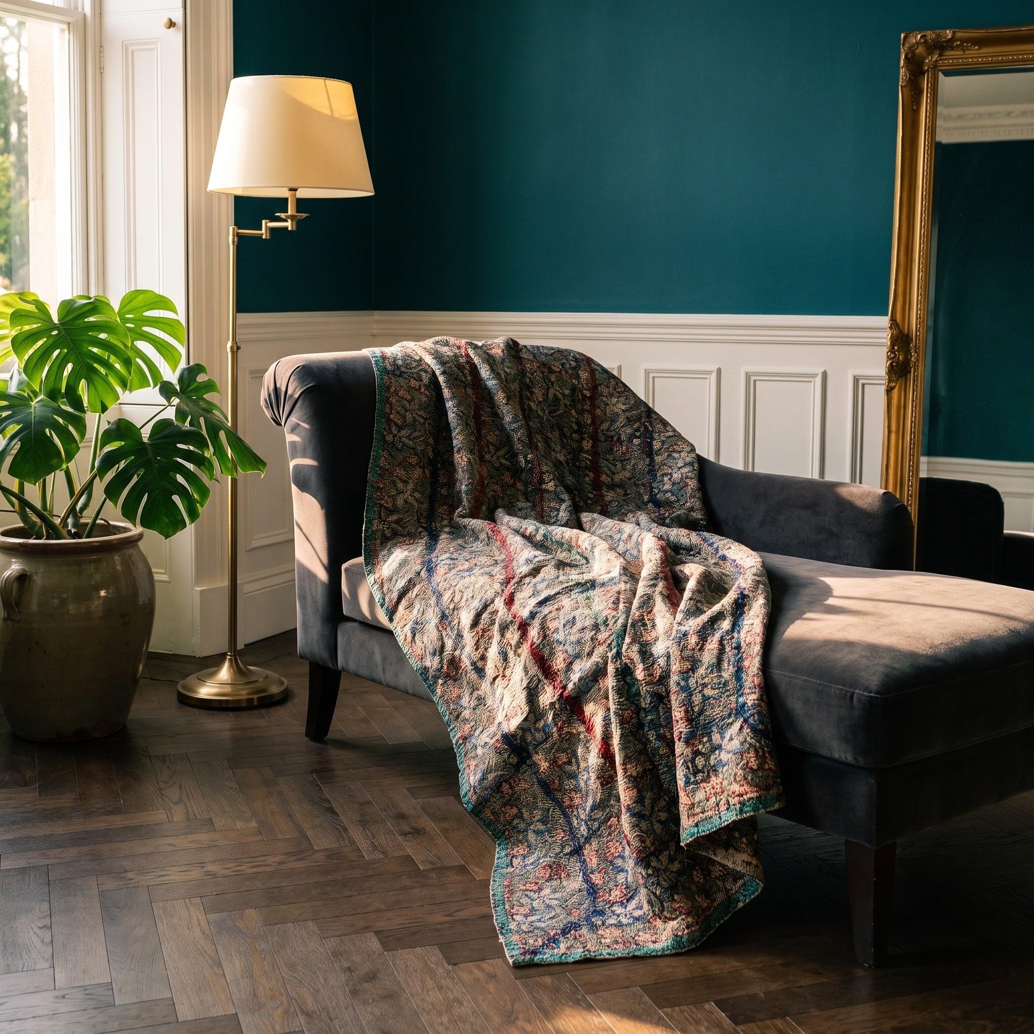 Goldenrod Vintage Bagru Block Print Kantha Throw — front side styled in a jewel-toned living room